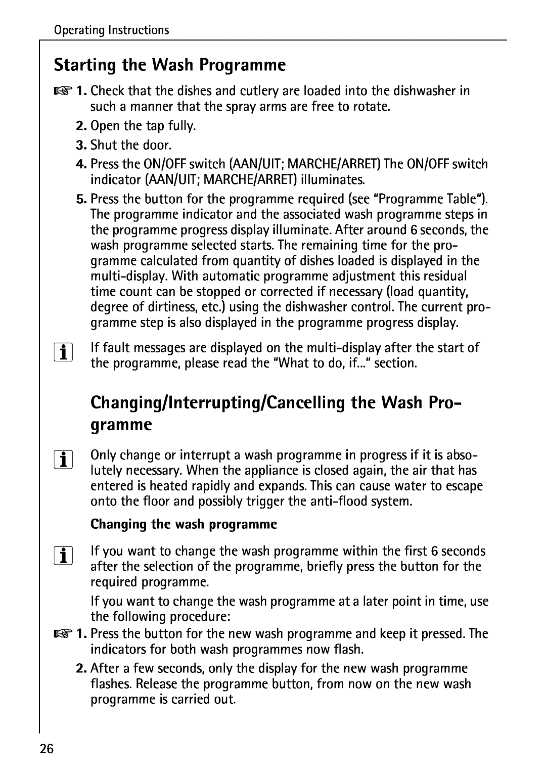 AEG 80800 manual Starting the Wash Programme, Changing the wash programme, Changing/Interrupting/Cancelling the Wash Pro 