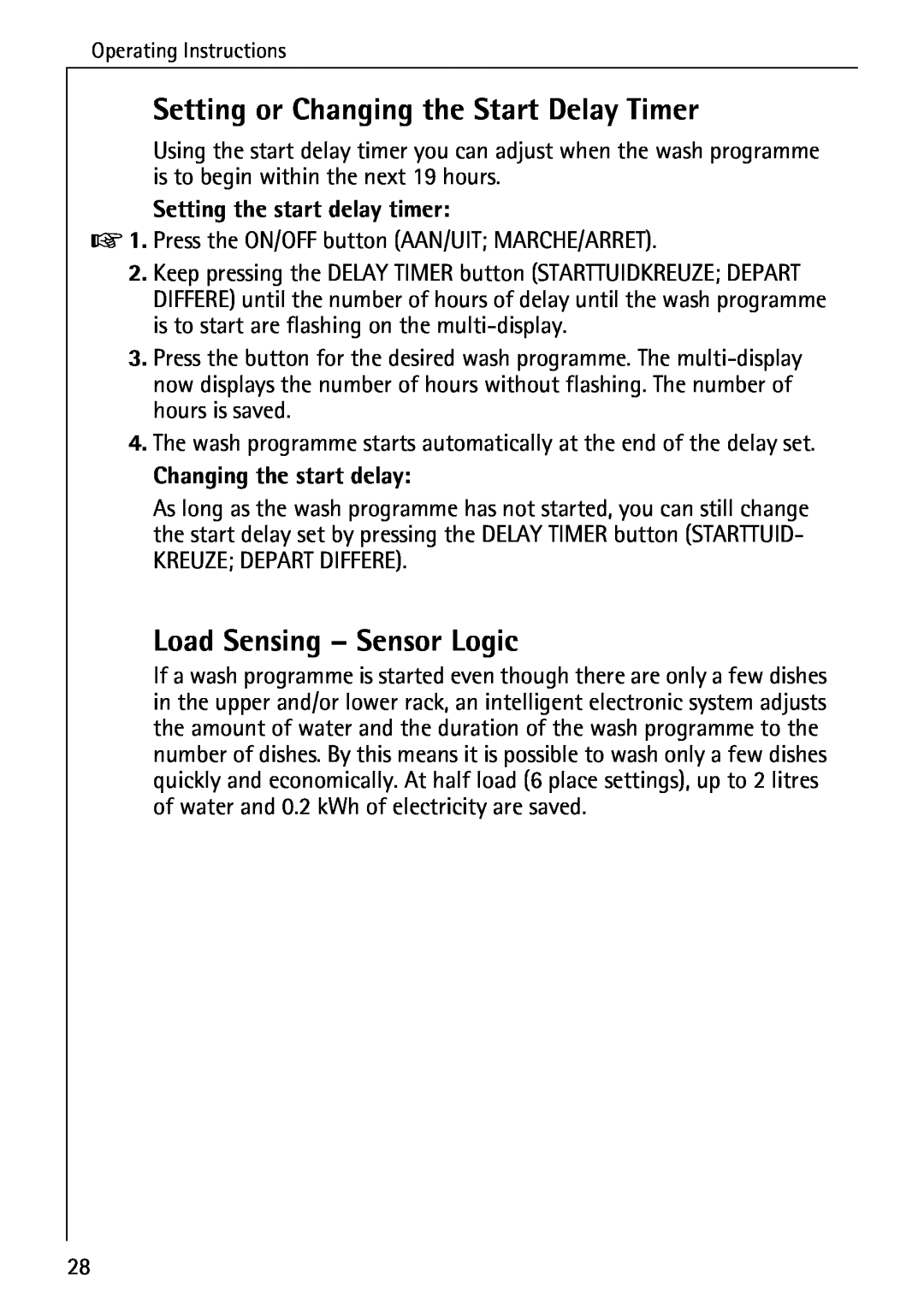 AEG 80800 manual Setting or Changing the Start Delay Timer, Load Sensing - Sensor Logic, Setting the start delay timer 