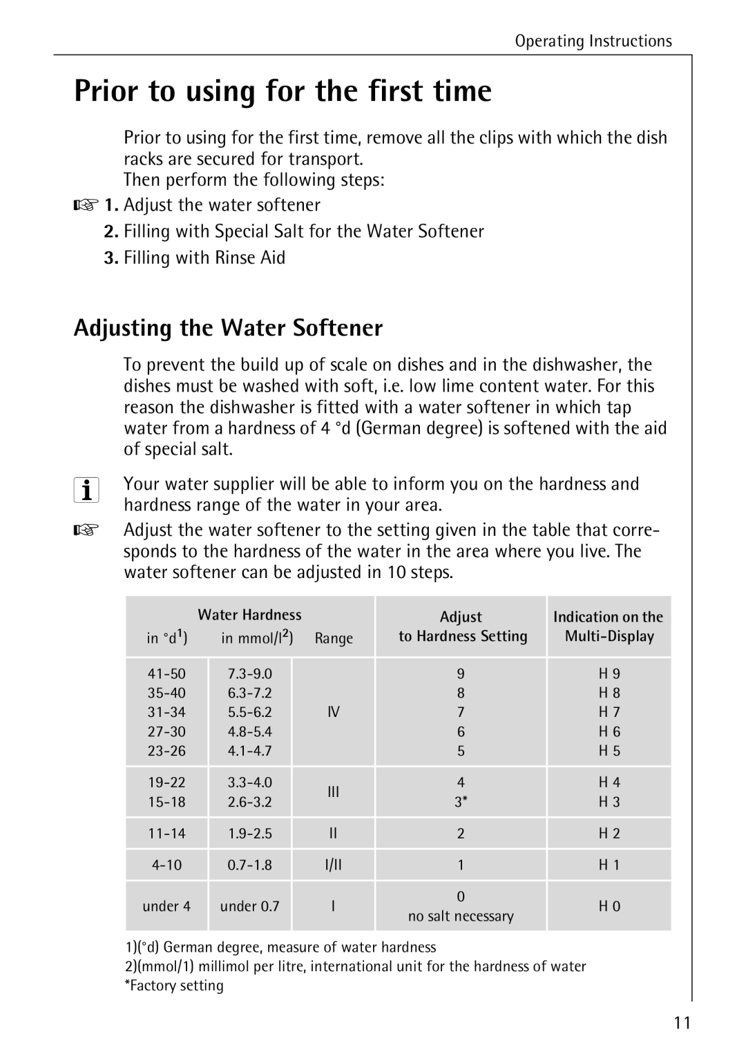 AEG 80850 I manual Prior to using for the first time, Adjusting the Water Softener, Special salt 