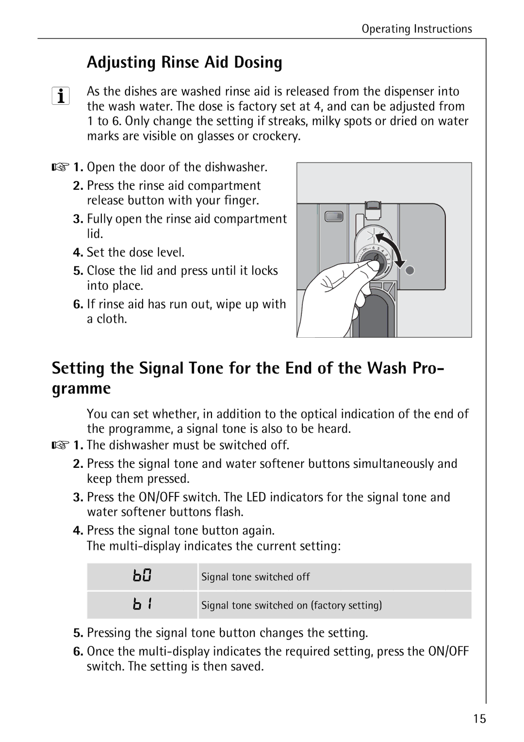 AEG 80850 I manual Adjusting Rinse Aid Dosing, Setting the Signal Tone for the End of the Wash Pro- gramme 