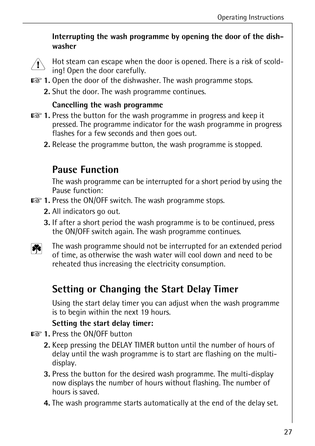 AEG 80850 I manual Pause Function, Setting or Changing the Start Delay Timer, Washer, Cancelling the wash programme 