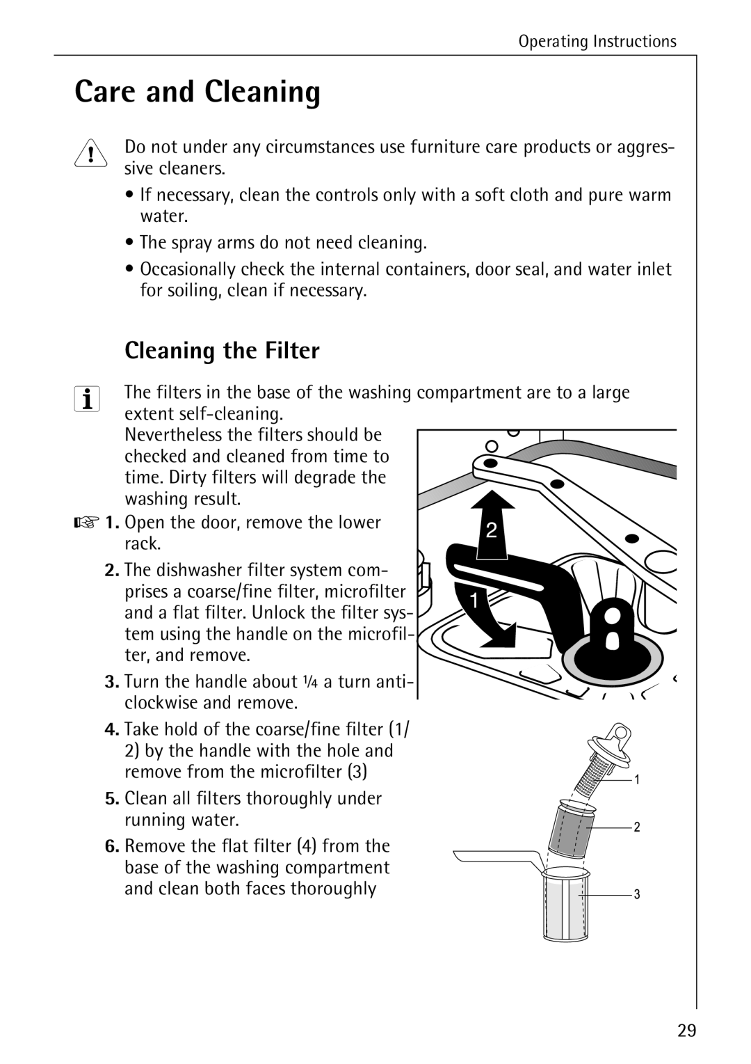 AEG 80850 I manual Care and Cleaning, Cleaning the Filter 