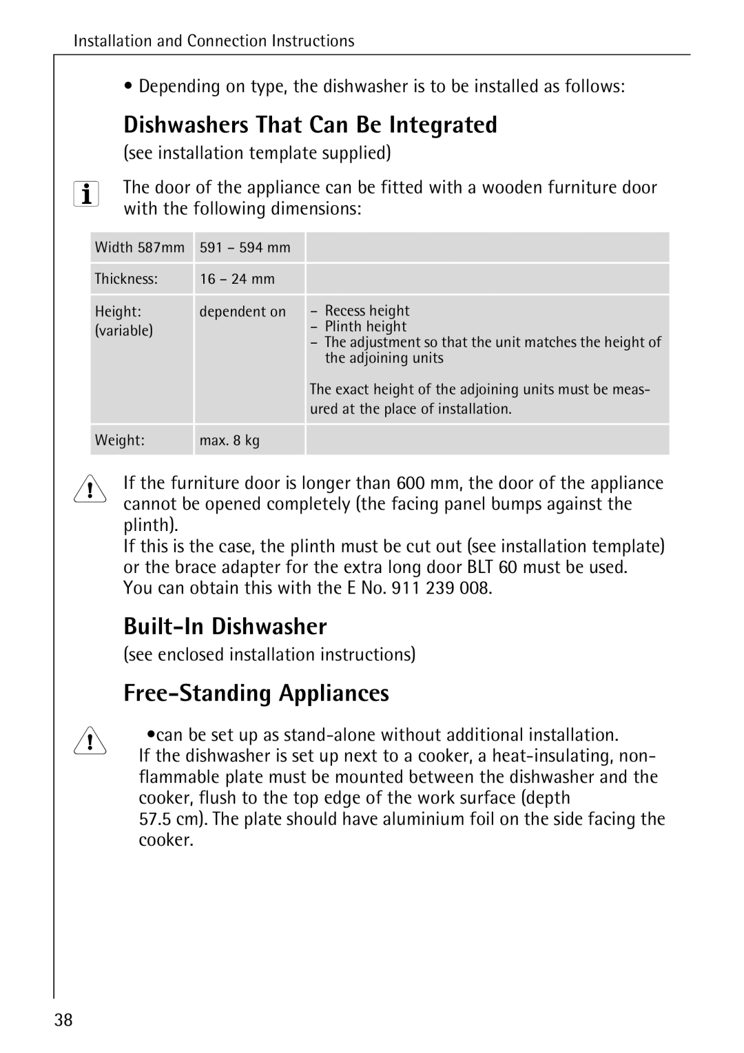 AEG 80850 I manual Dishwashers That Can Be Integrated, Built-In Dishwasher, Free-Standing Appliances 