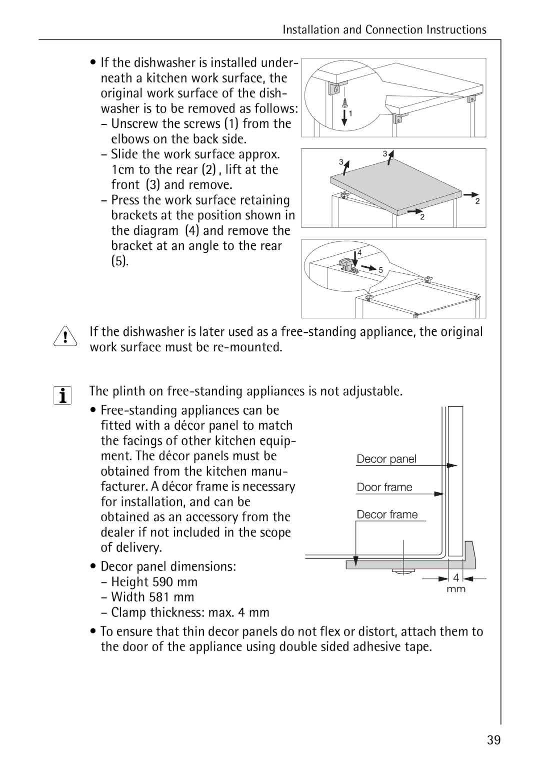 AEG 80850 I manual Work surface must be re-mounted, Plinth on free-standing appliances is not adjustable 