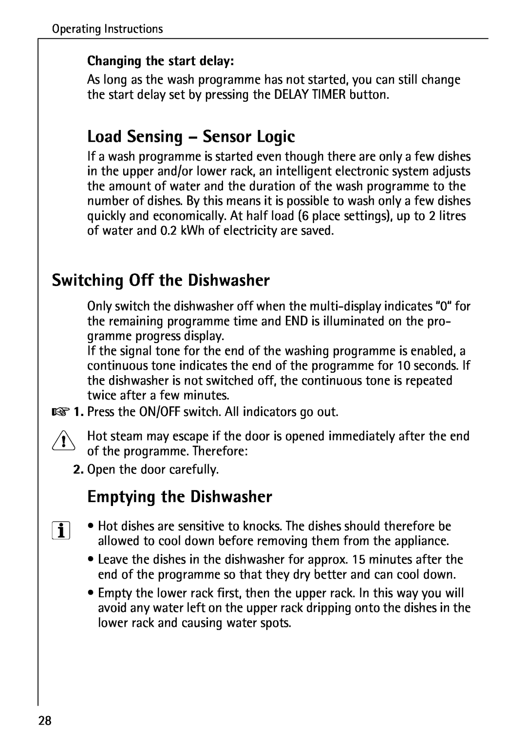 AEG 80850 I Load Sensing – Sensor Logic, Switching Off the Dishwasher, Emptying the Dishwasher, Changing the start delay 