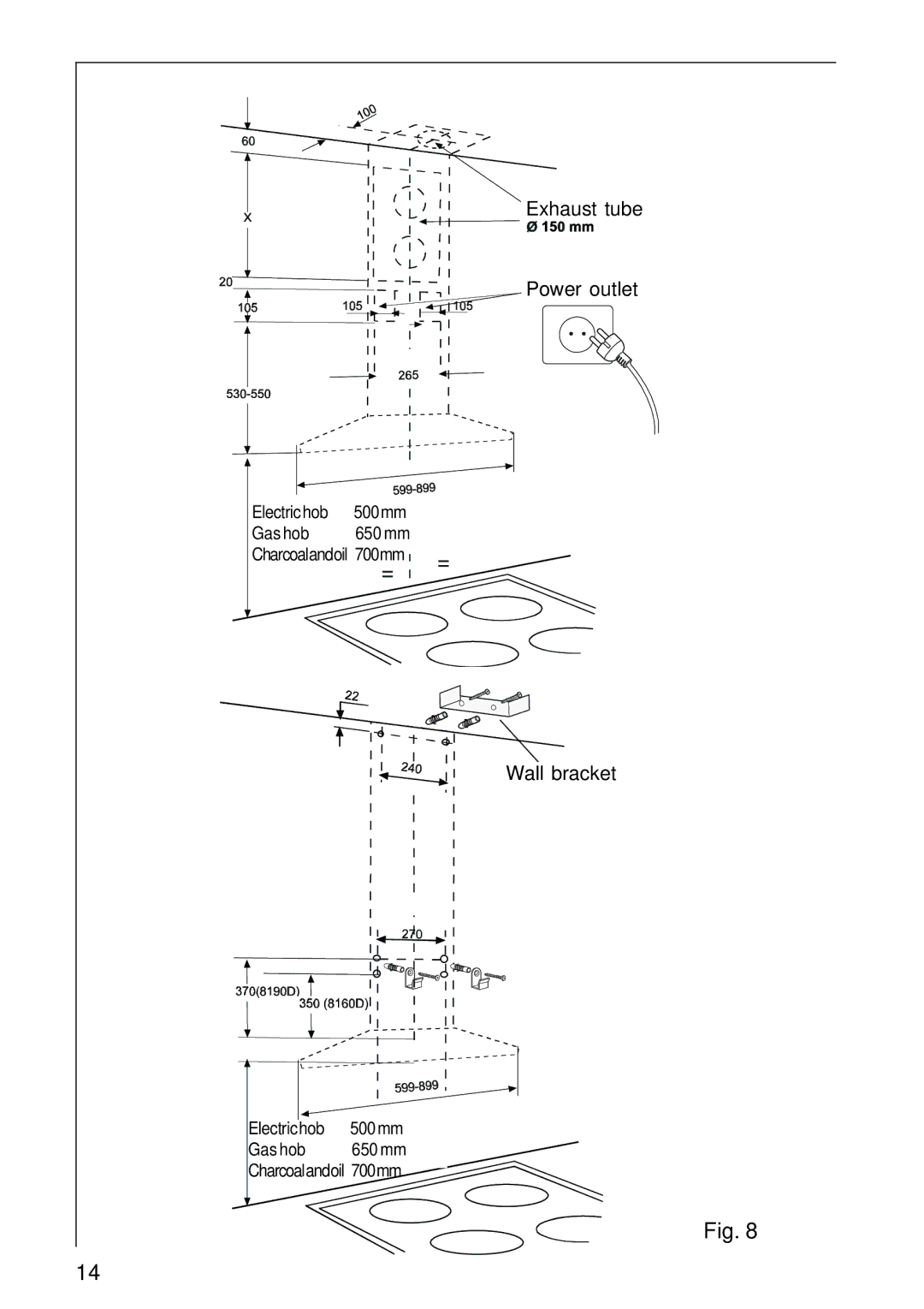 AEG 8160 D installation instructions Haust tube Power outlet 