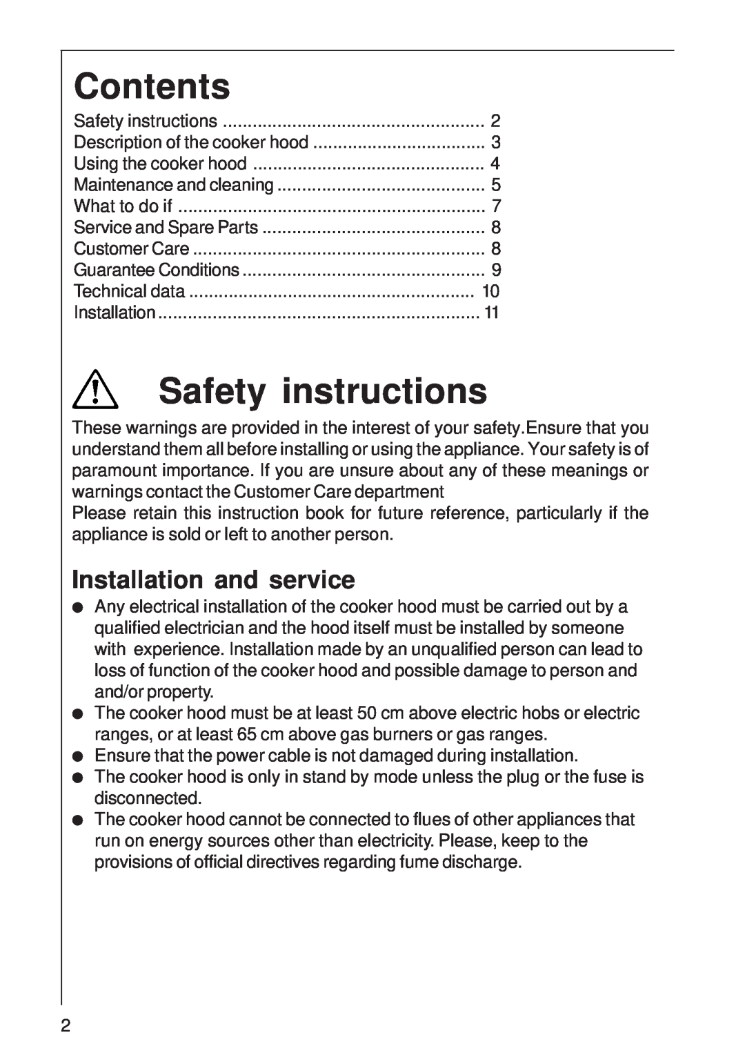 AEG 8160 D installation instructions Installation and service, Contents, Safety instructions 