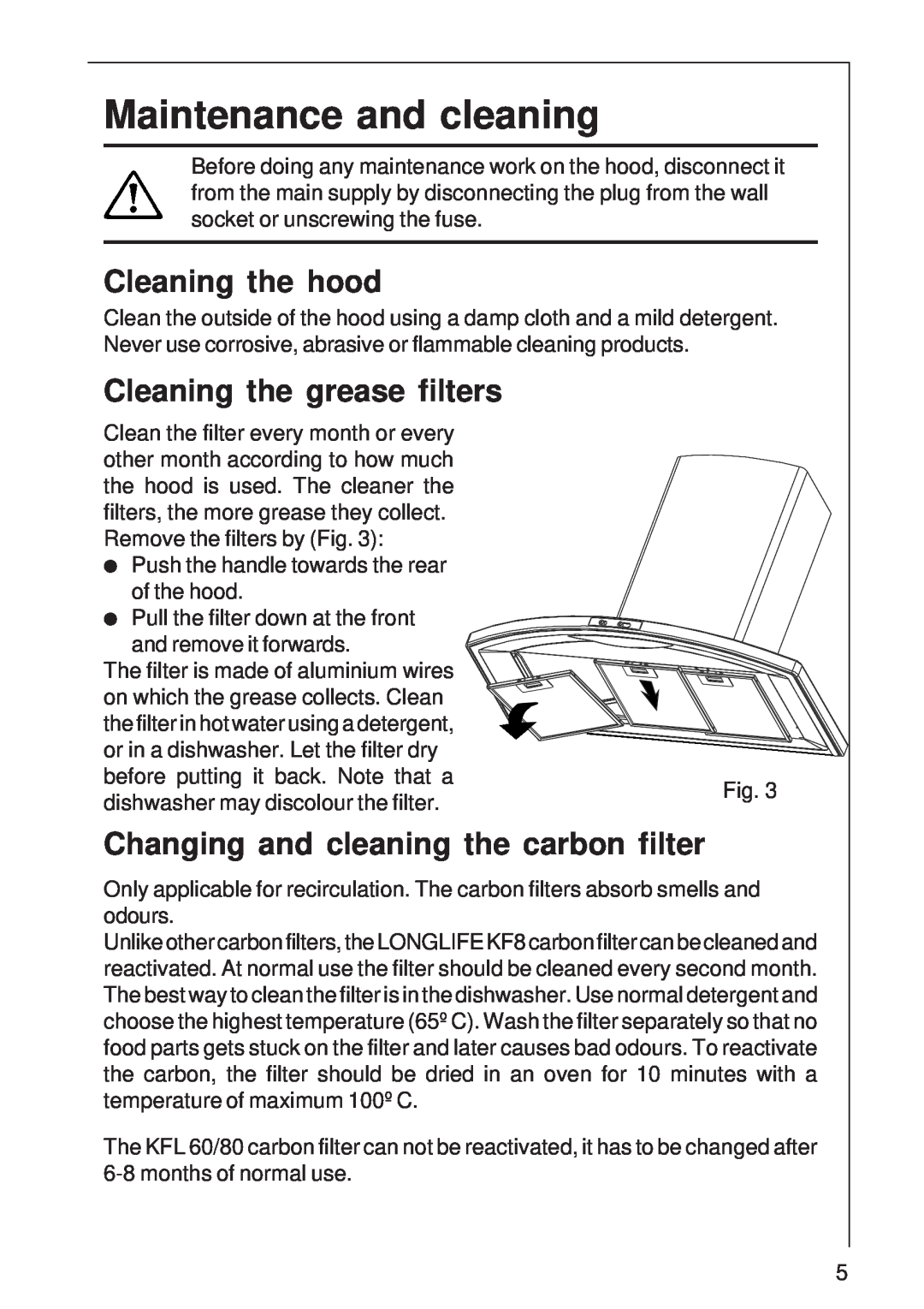 AEG 8160 D installation instructions Maintenance and cleaning, Cleaning the hood, Cleaning the grease filters 