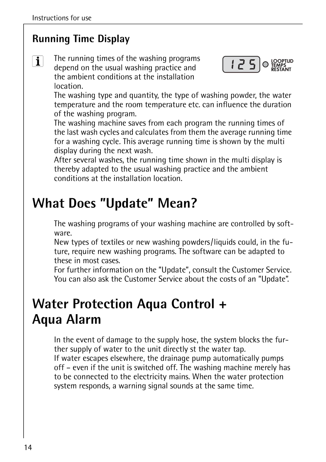 AEG 82730 manual What Does Update Mean?, Water Protection Aqua Control + Aqua Alarm, Running Time Display 