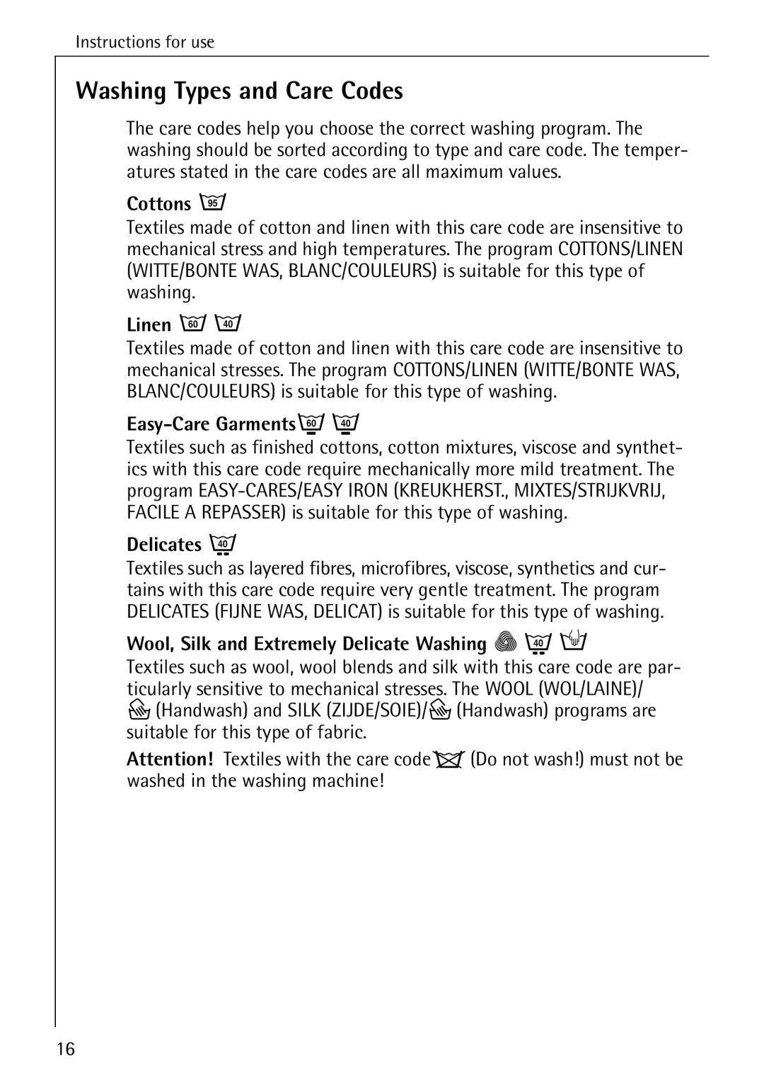 AEG 82730 manual Washing Types and Care Codes 