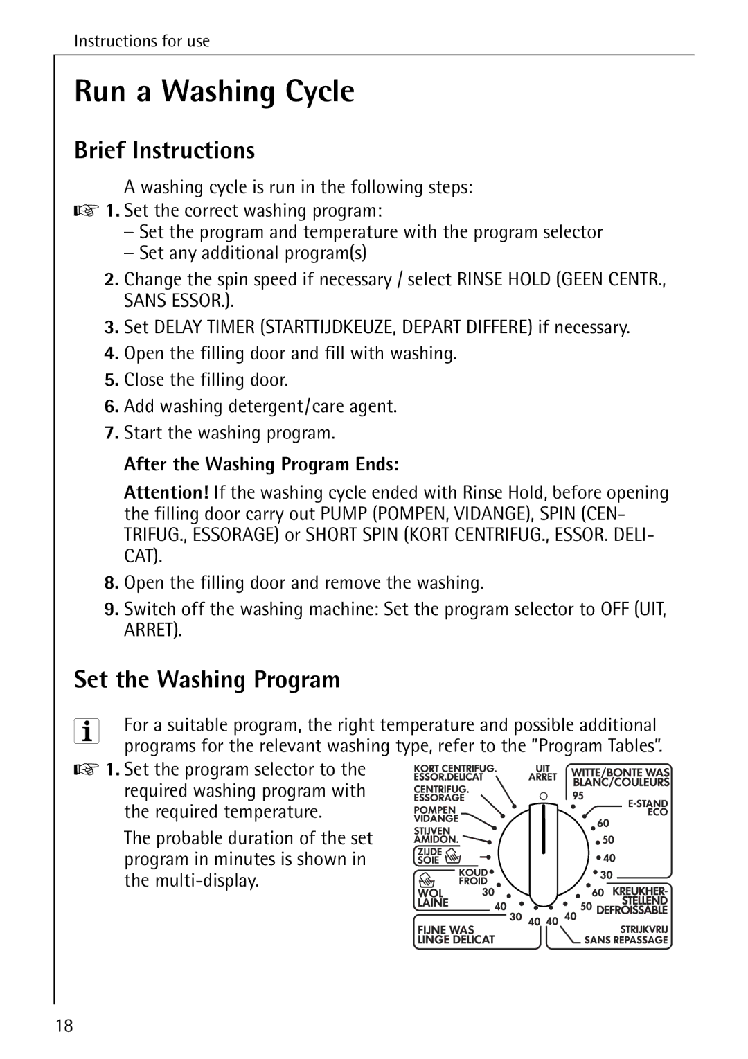 AEG 82730 manual Run a Washing Cycle, Brief Instructions, Set the Washing Program, After the Washing Program Ends 