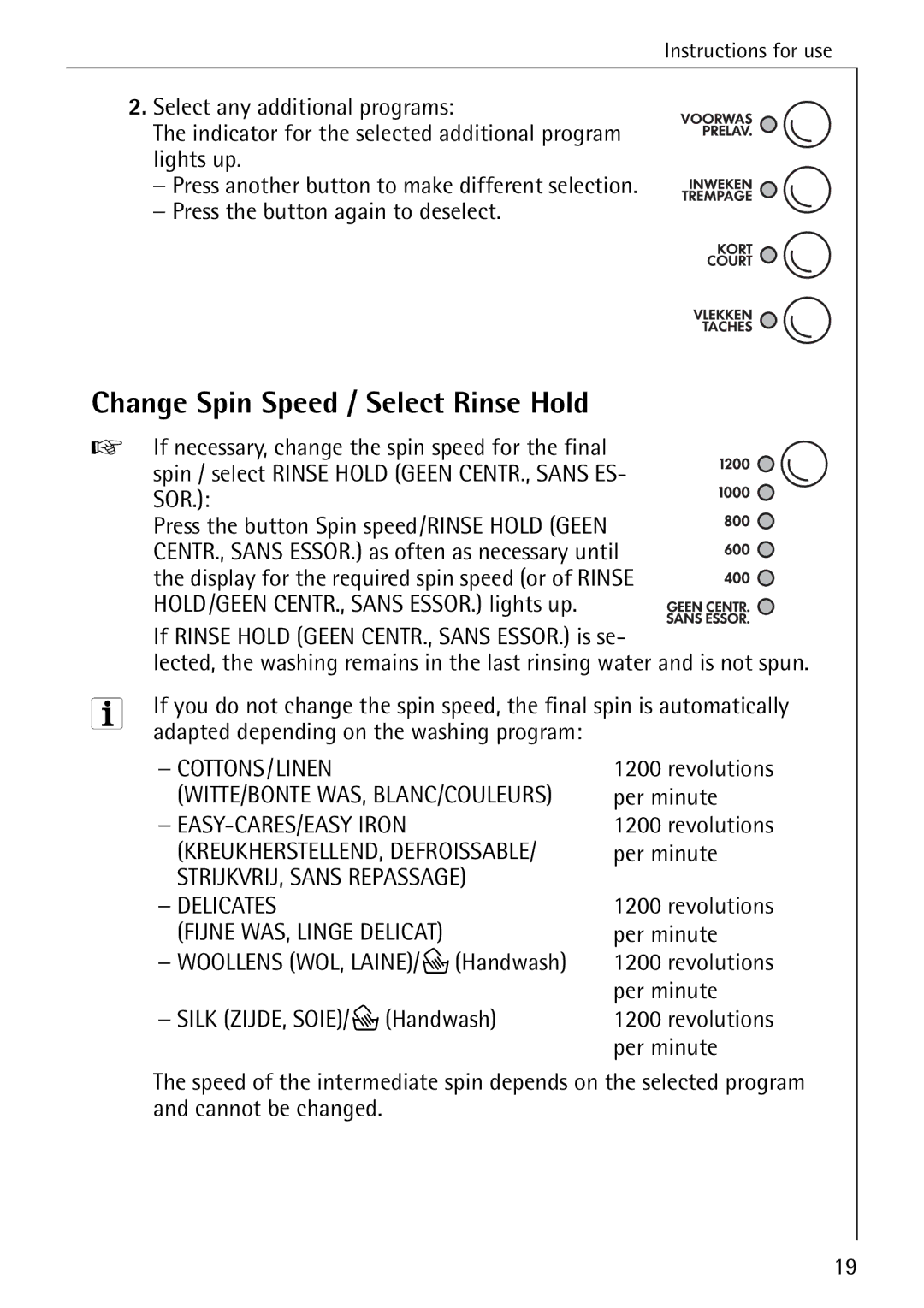 AEG 82730 manual Change Spin Speed / Select Rinse Hold, If necessary, change the spin speed for the final, Revolutions 