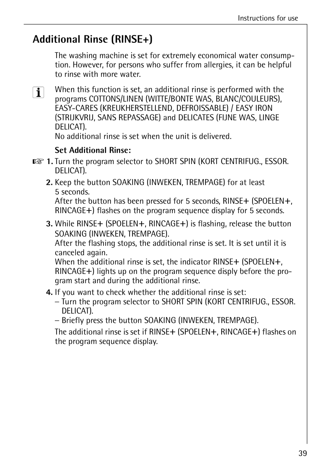 AEG 82730 manual Additional Rinse RINSE+, To rinse with more water, No additional rinse is set when the unit is delivered 