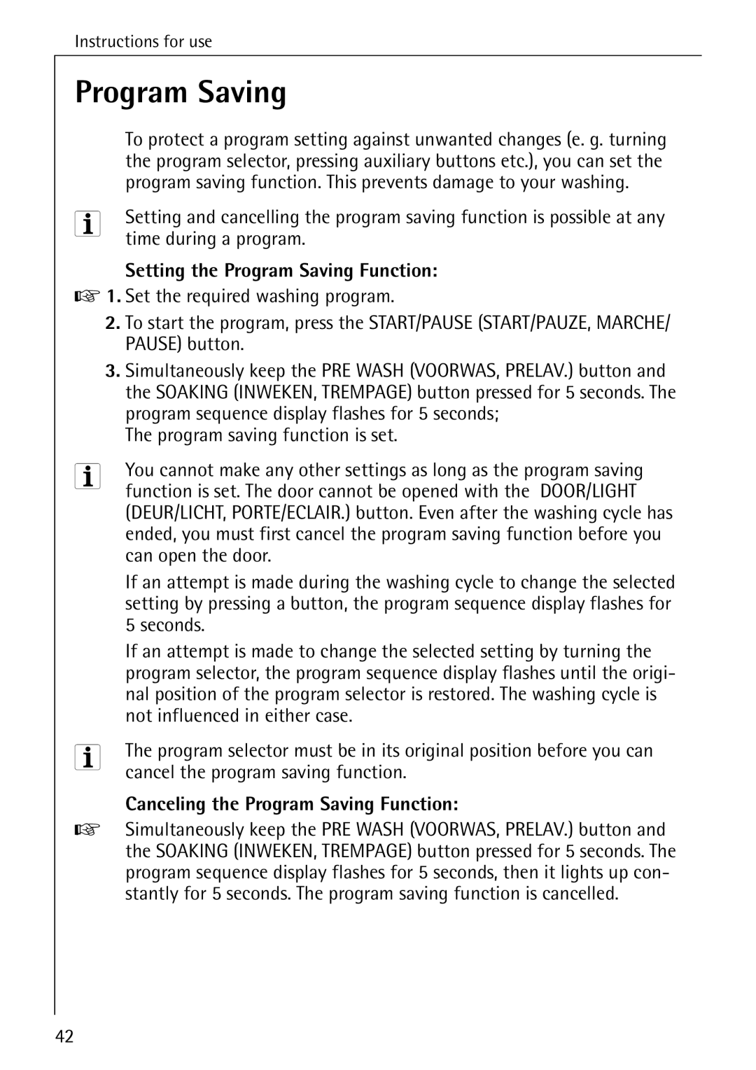 AEG 82730 manual Setting the Program Saving Function, Canceling the Program Saving Function 