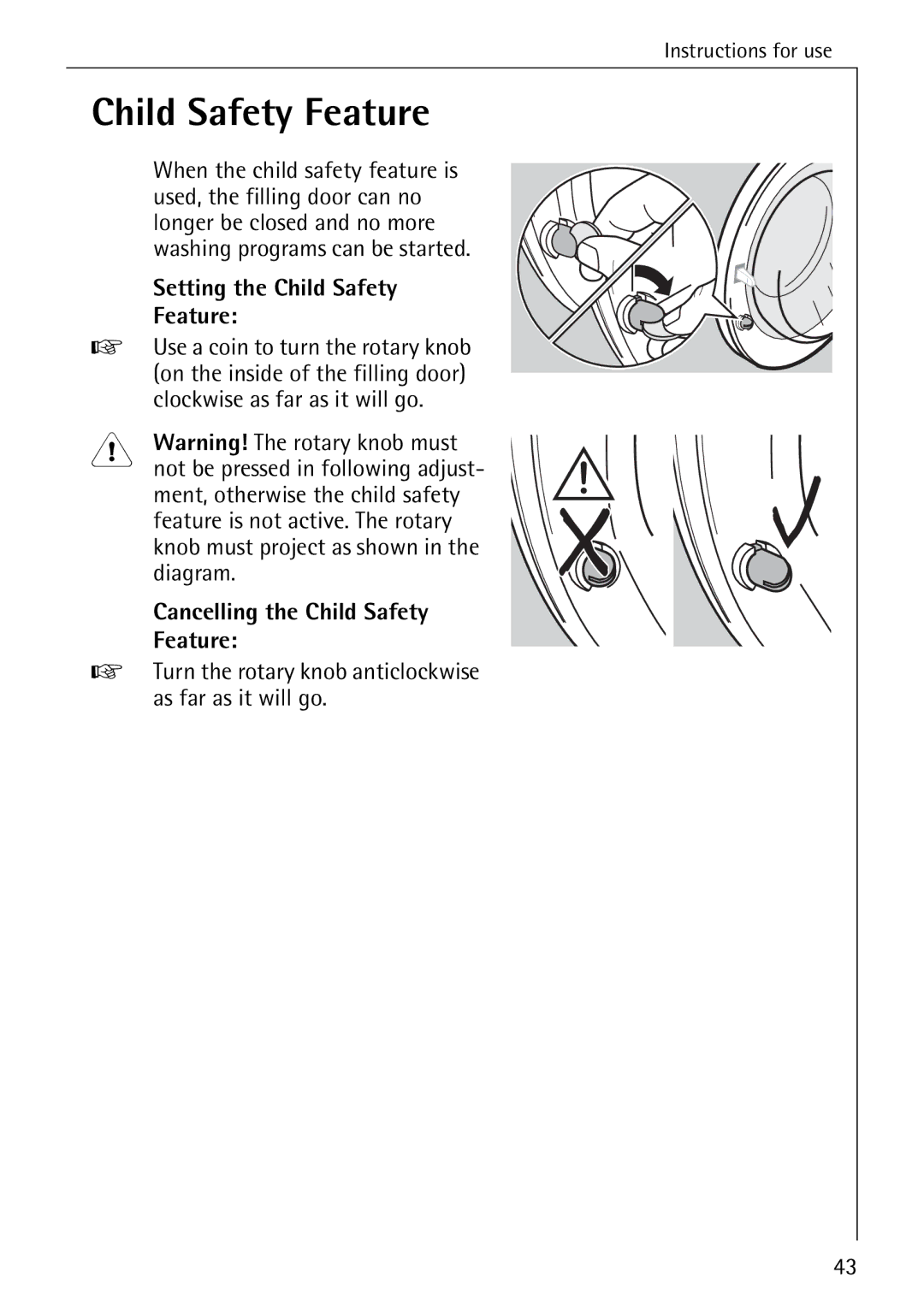 AEG 82730 manual Setting the Child Safety, Cancelling the Child Safety Feature 