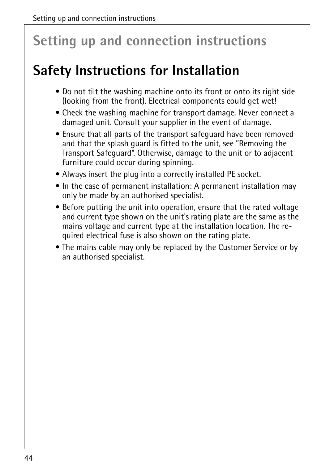 AEG 82730 manual Setting up and connection instructions, Safety Instructions for Installation 
