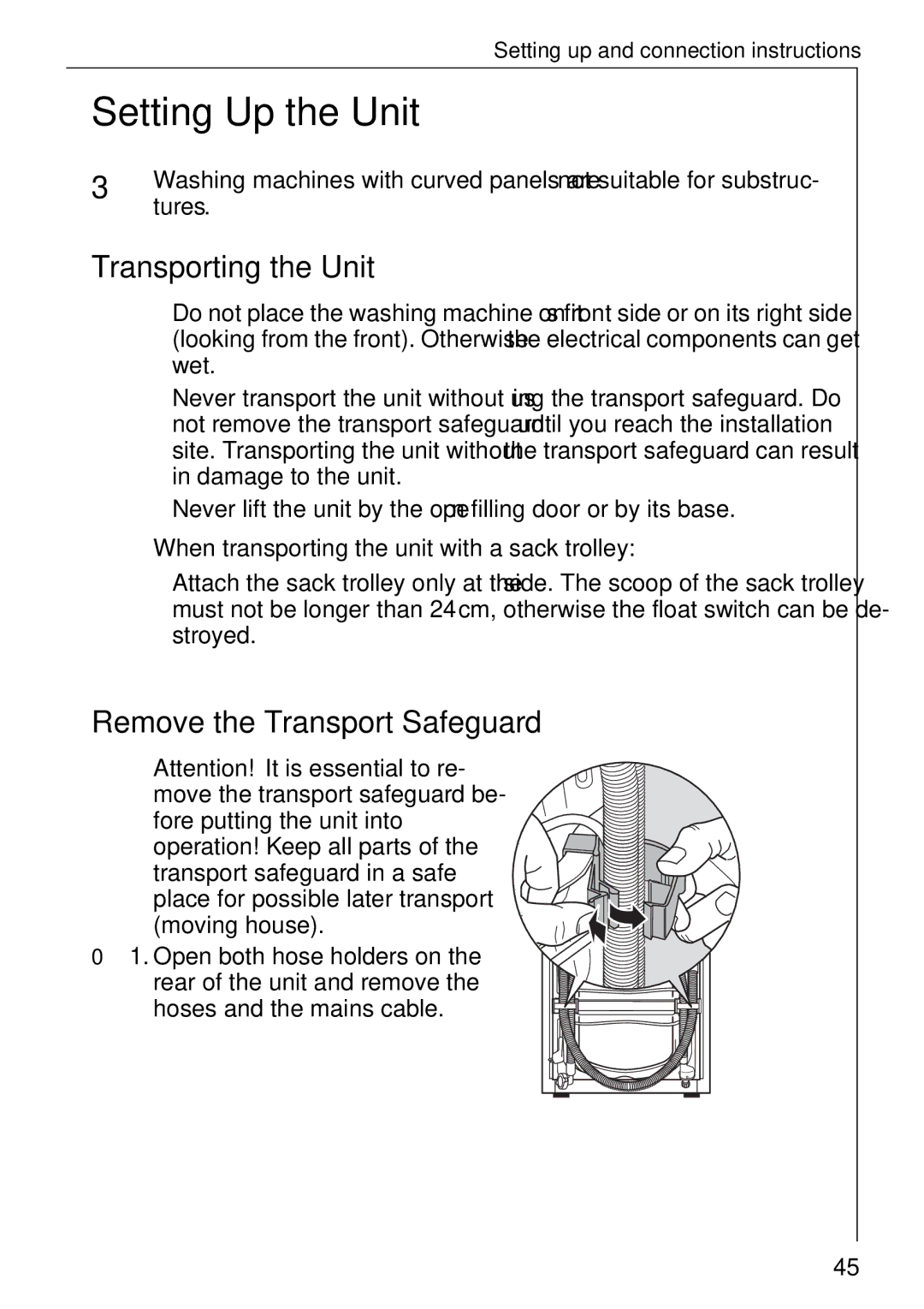 AEG 82730 manual Setting Up the Unit, Transporting the Unit, Remove the Transport Safeguard, Tures 