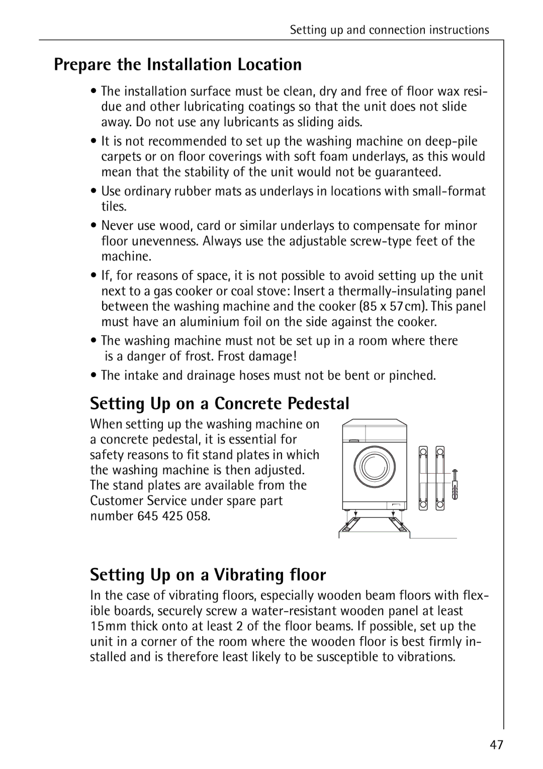 AEG 82730 manual Prepare the Installation Location, Setting Up on a Concrete Pedestal, Setting Up on a Vibrating floor 