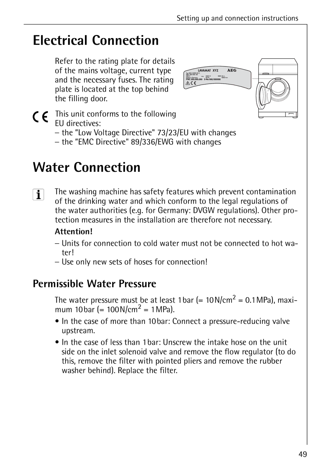AEG 82730 manual Electrical Connection, Water Connection, Permissible Water Pressure 