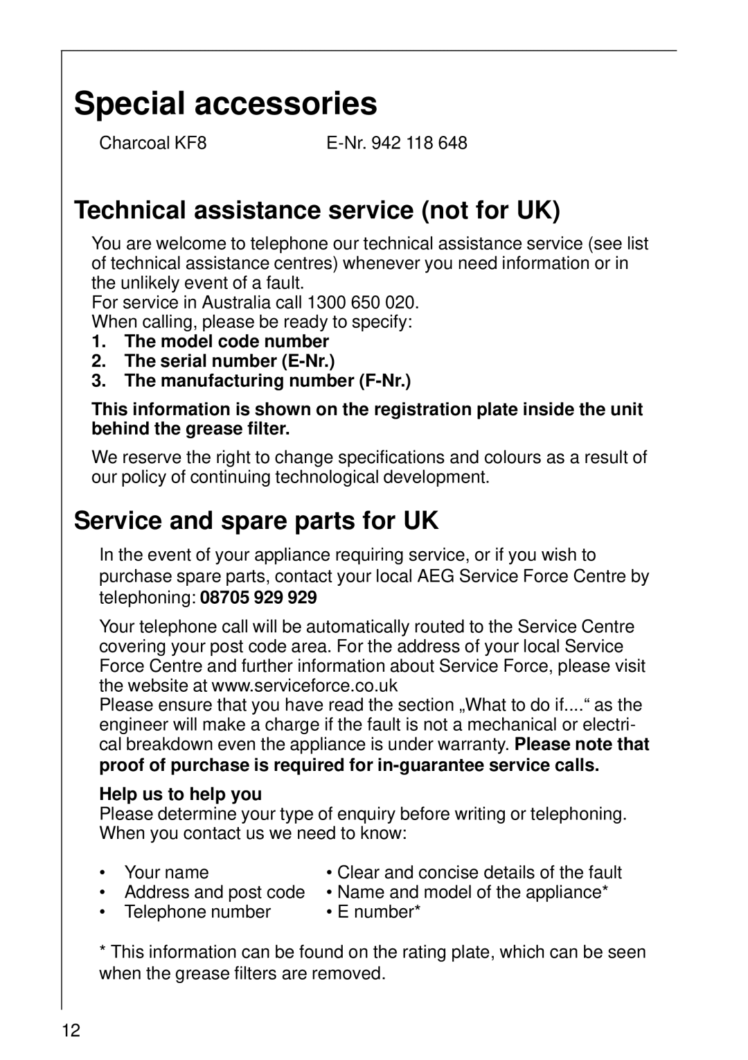 AEG 8190 D, 8361 D, 8290 D Special accessories, Technical assistance service not for UK, Service and spare parts for UK 