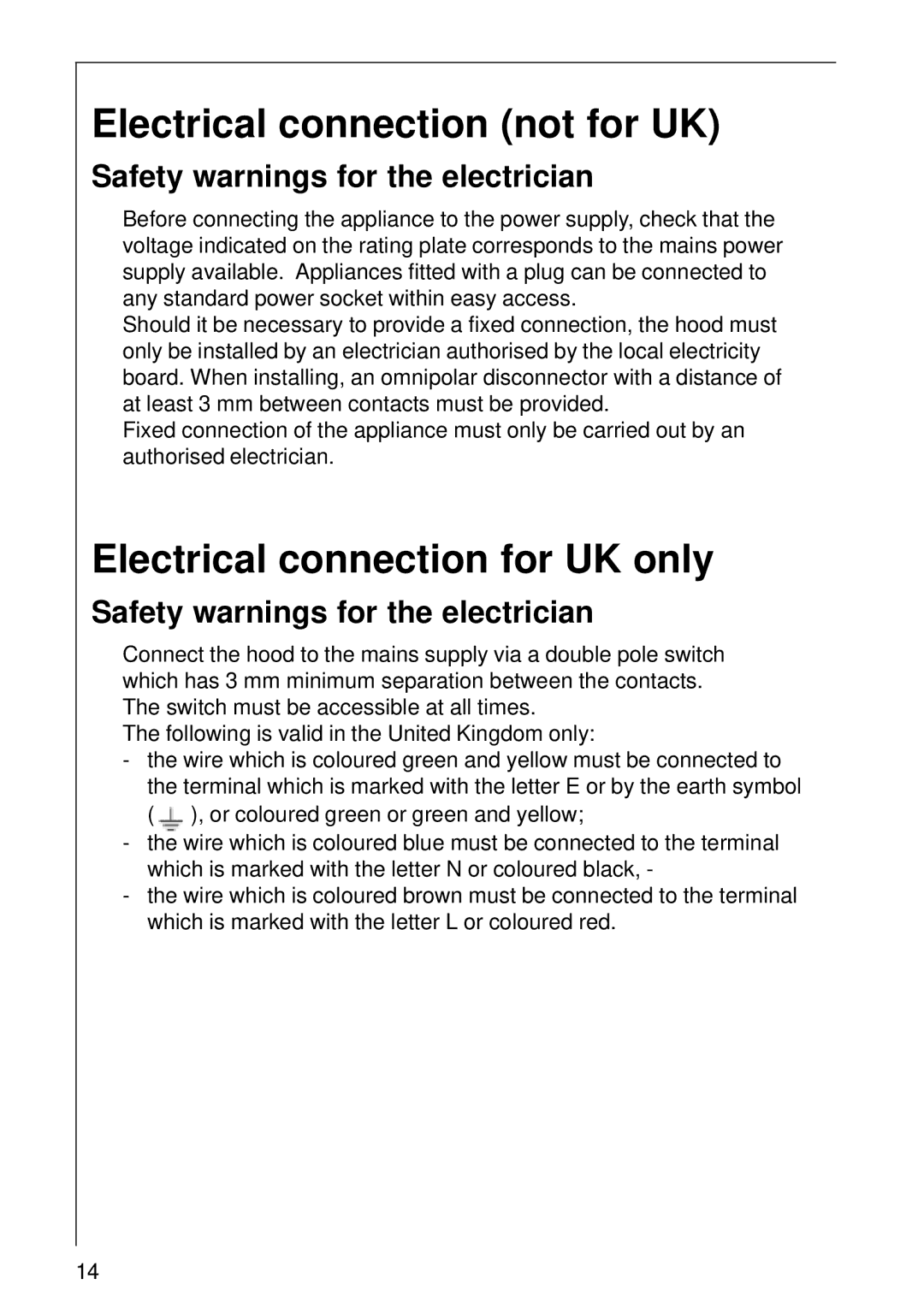 AEG 8361 D Electrical connection not for UK, Electrical connection for UK only, Safety warnings for the electrician 