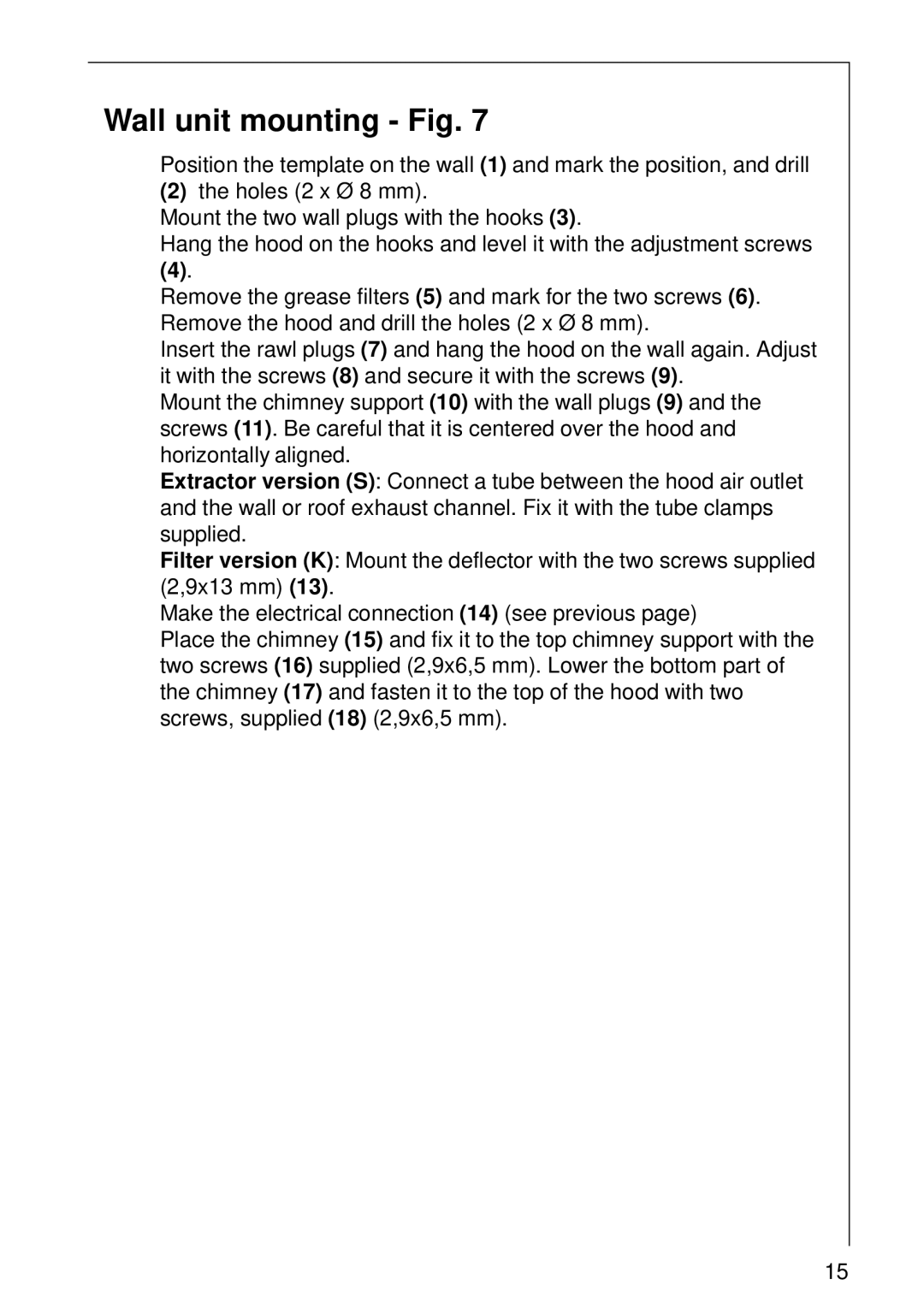 AEG 8290 D, 8361 D, 8391 D, 8260 D, 8390 D, 8190 D, 8360 D installation instructions Wall unit mounting Fig 