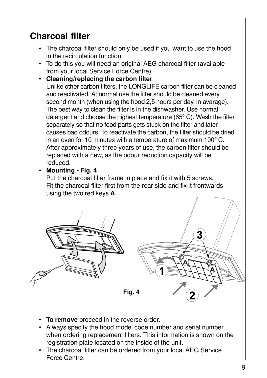 AEG 8391 D, 8361 D, 8290 D, 8260 D, 8390 D, 8190 D, 8360 D Charcoal filter, Cleaning/replacing the carbon filter, Mounting Fig 