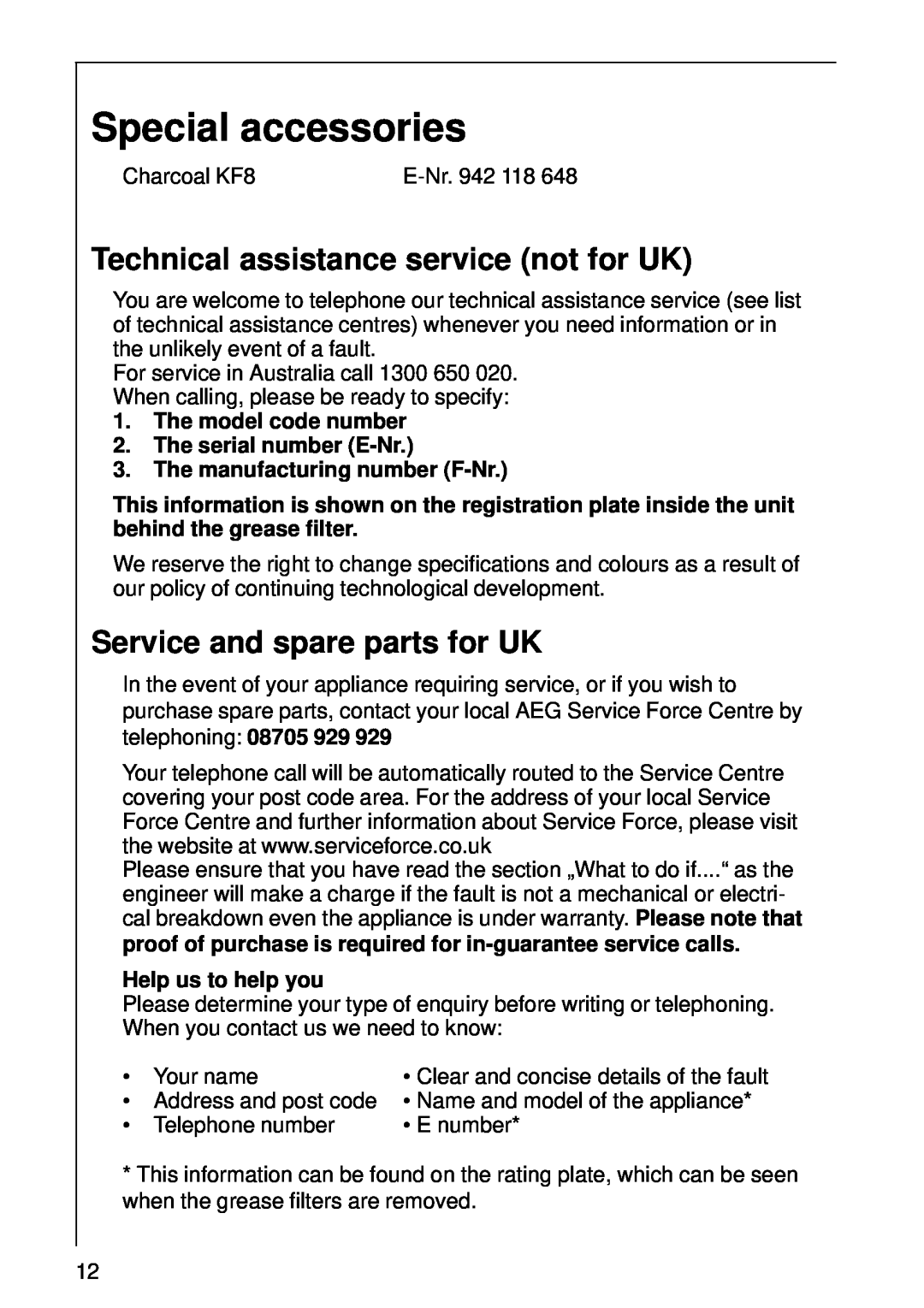 AEG 8190 D, 8361 D, 8290 D Special accessories, Technical assistance service not for UK, Service and spare parts for UK 
