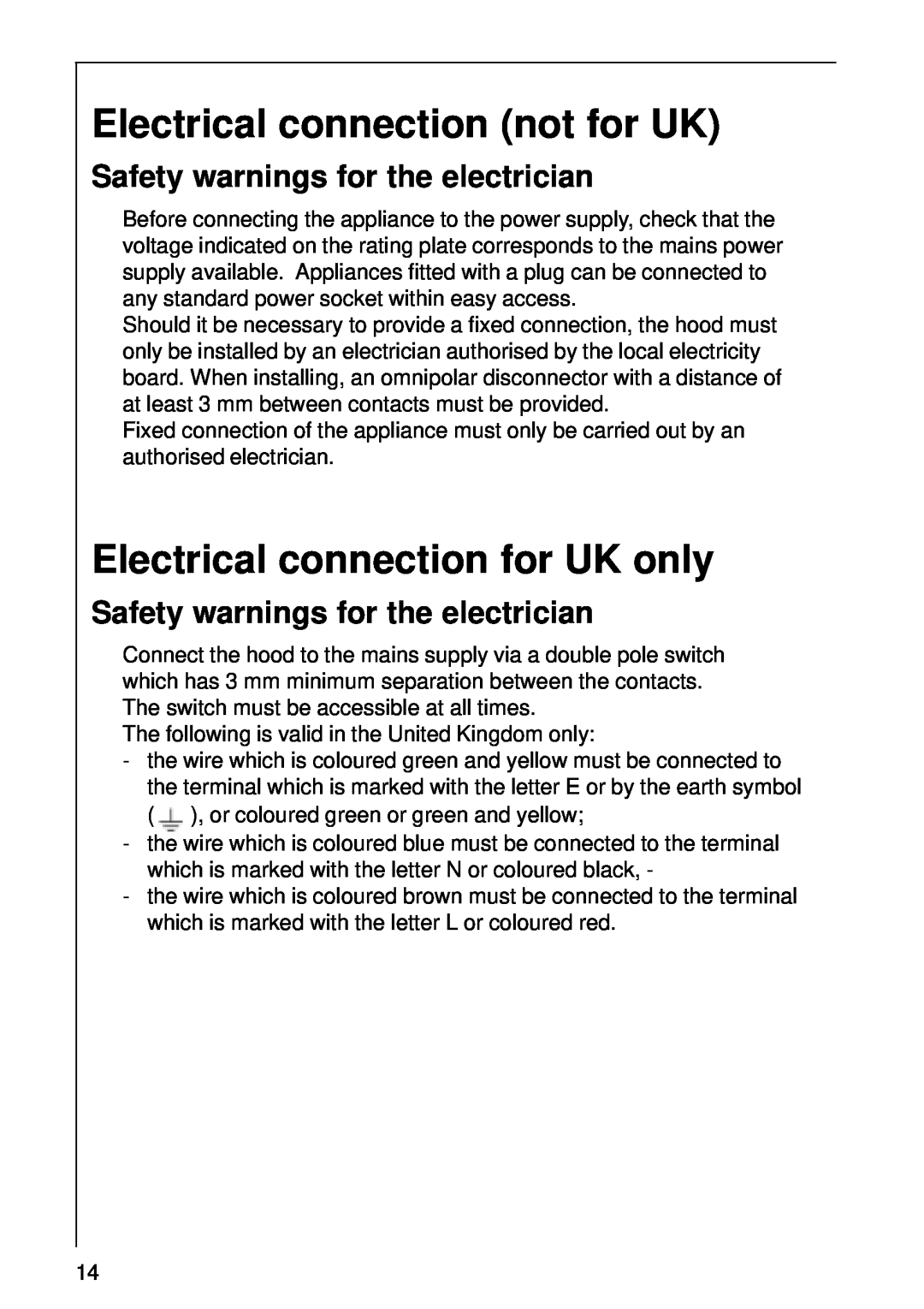 AEG 8361 D Electrical connection not for UK, Electrical connection for UK only, Safety warnings for the electrician 