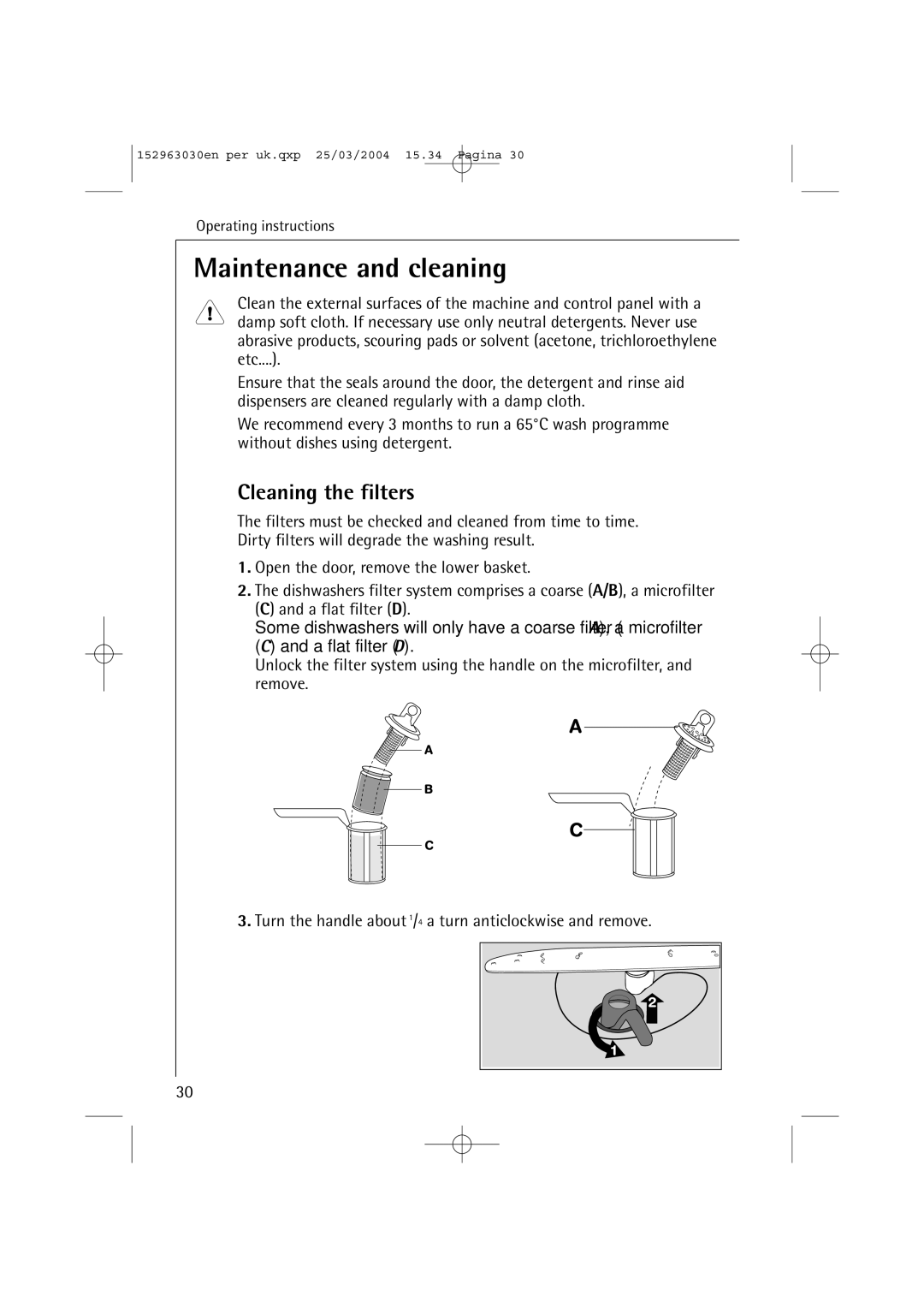 AEG 84470 VI manual Maintenance and cleaning, Cleaning the filters 