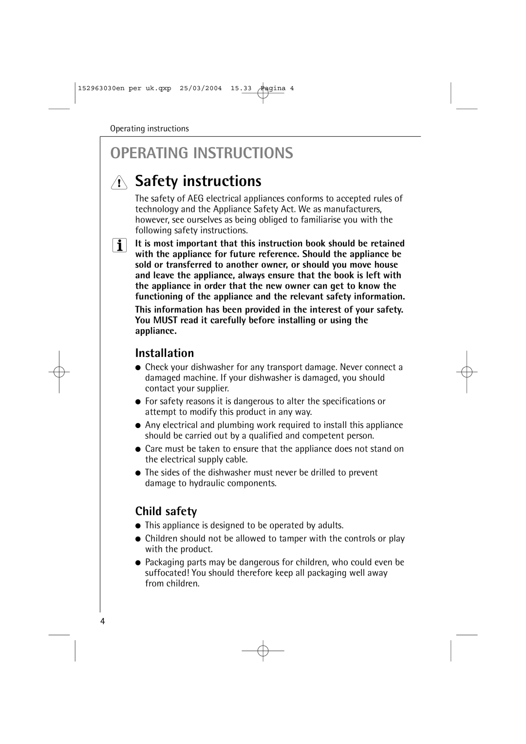 AEG 84470 VI manual Safety instructions, Installation, Child safety 