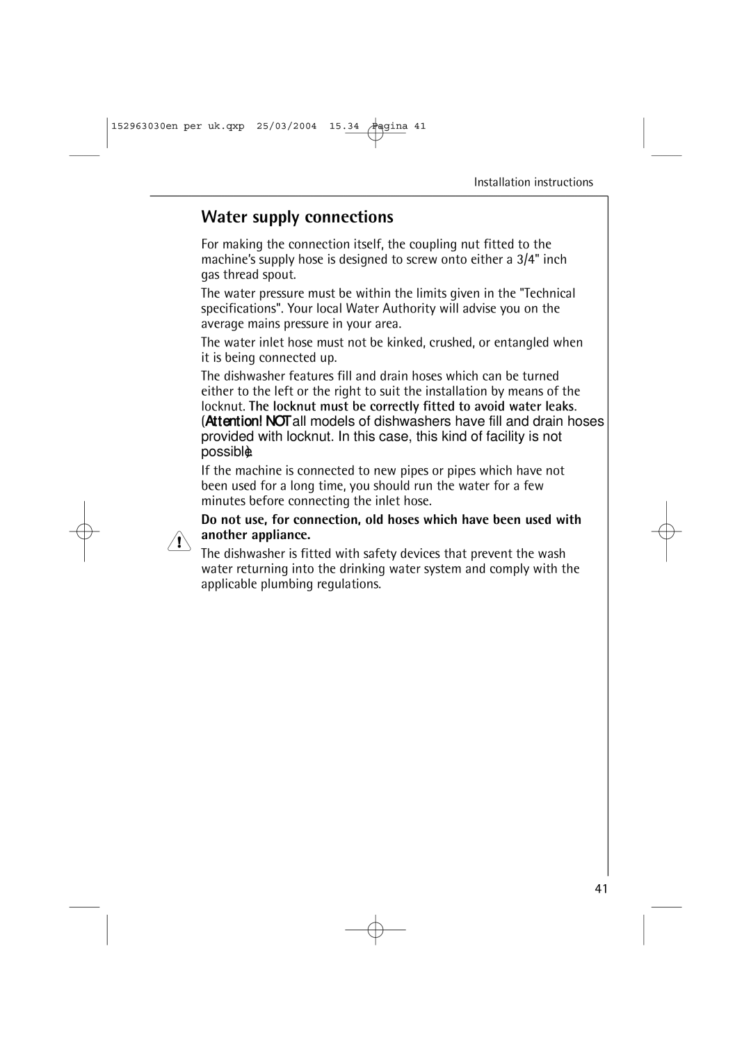 AEG 84470 VI manual Water supply connections 