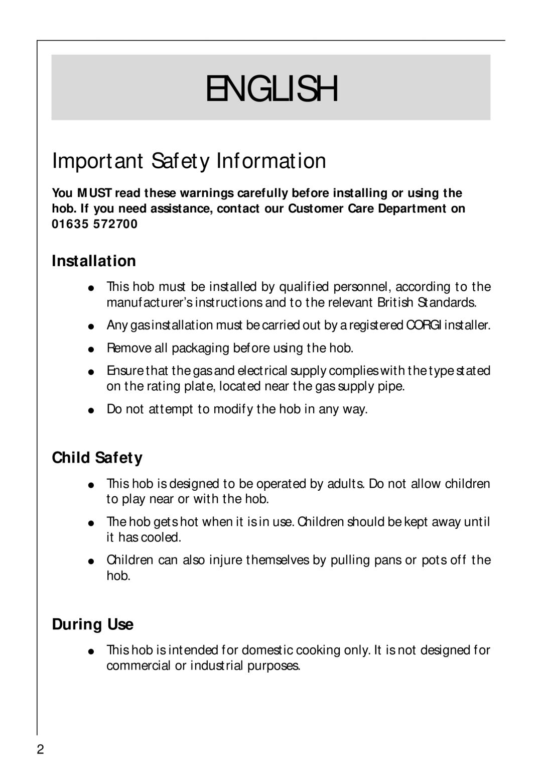 AEG 856001 G, 84602 G, 85600 G manual Installation, Child Safety, During Use 