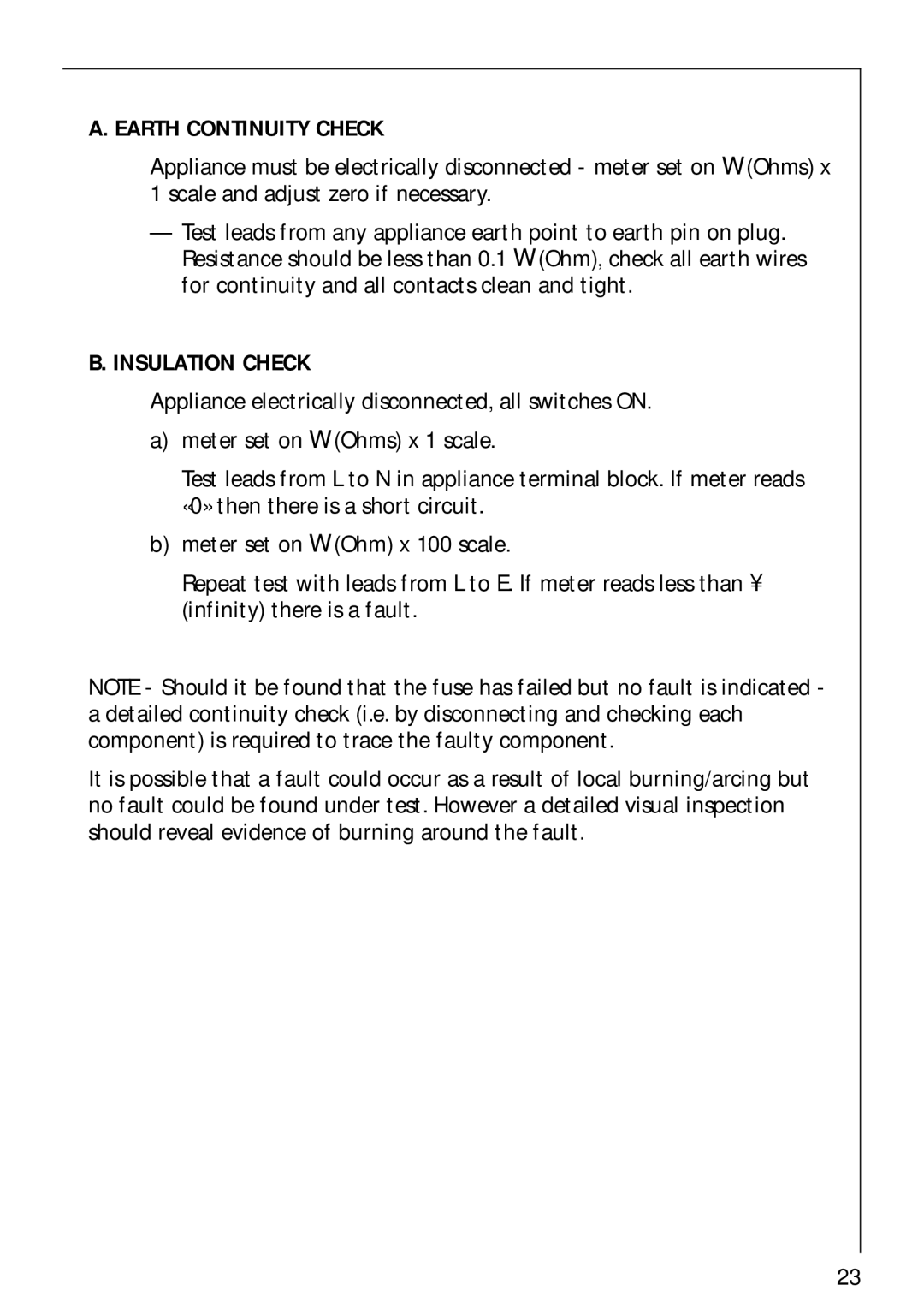 AEG 856001 G, 84602 G, 85600 G manual Earth Continuity Check 