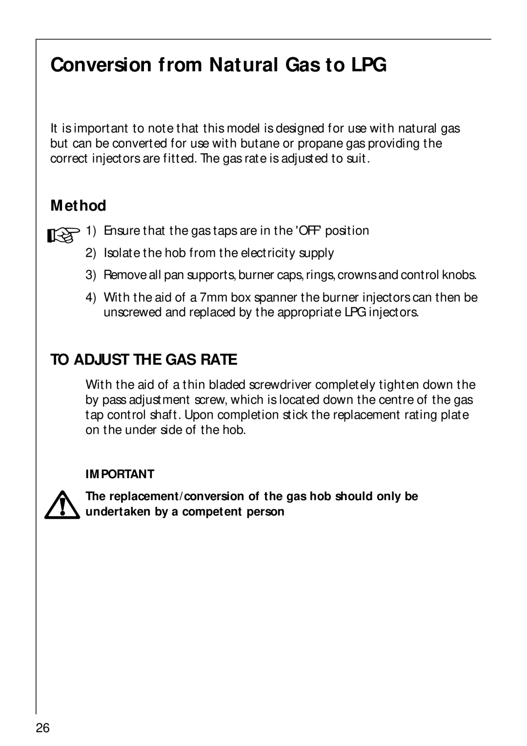 AEG 856001 G, 84602 G, 85600 G manual Conversion from Natural Gas to LPG, Method 