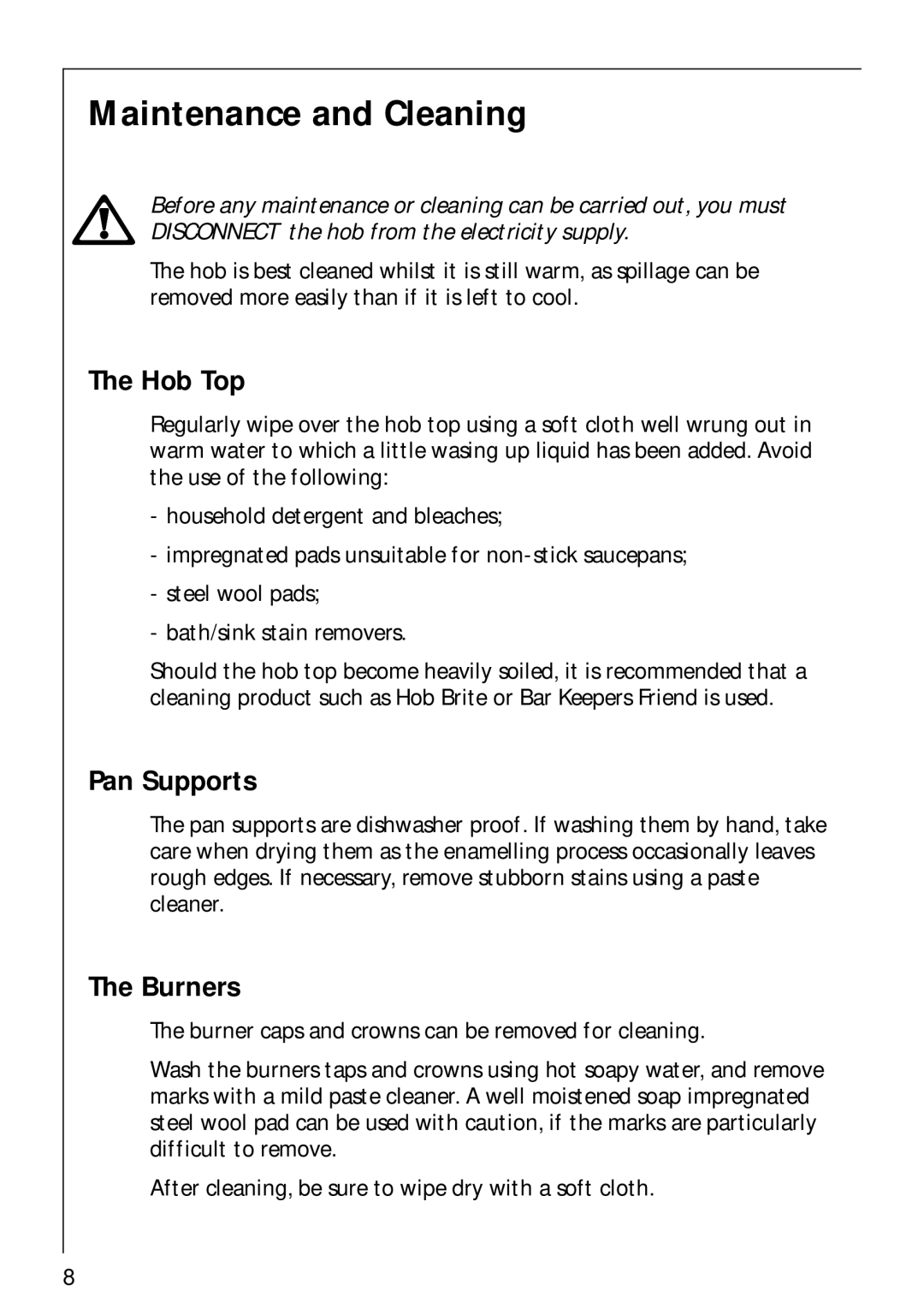 AEG 856001 G, 84602 G, 85600 G manual Maintenance and Cleaning, Hob Top, Pan Supports, Burners 