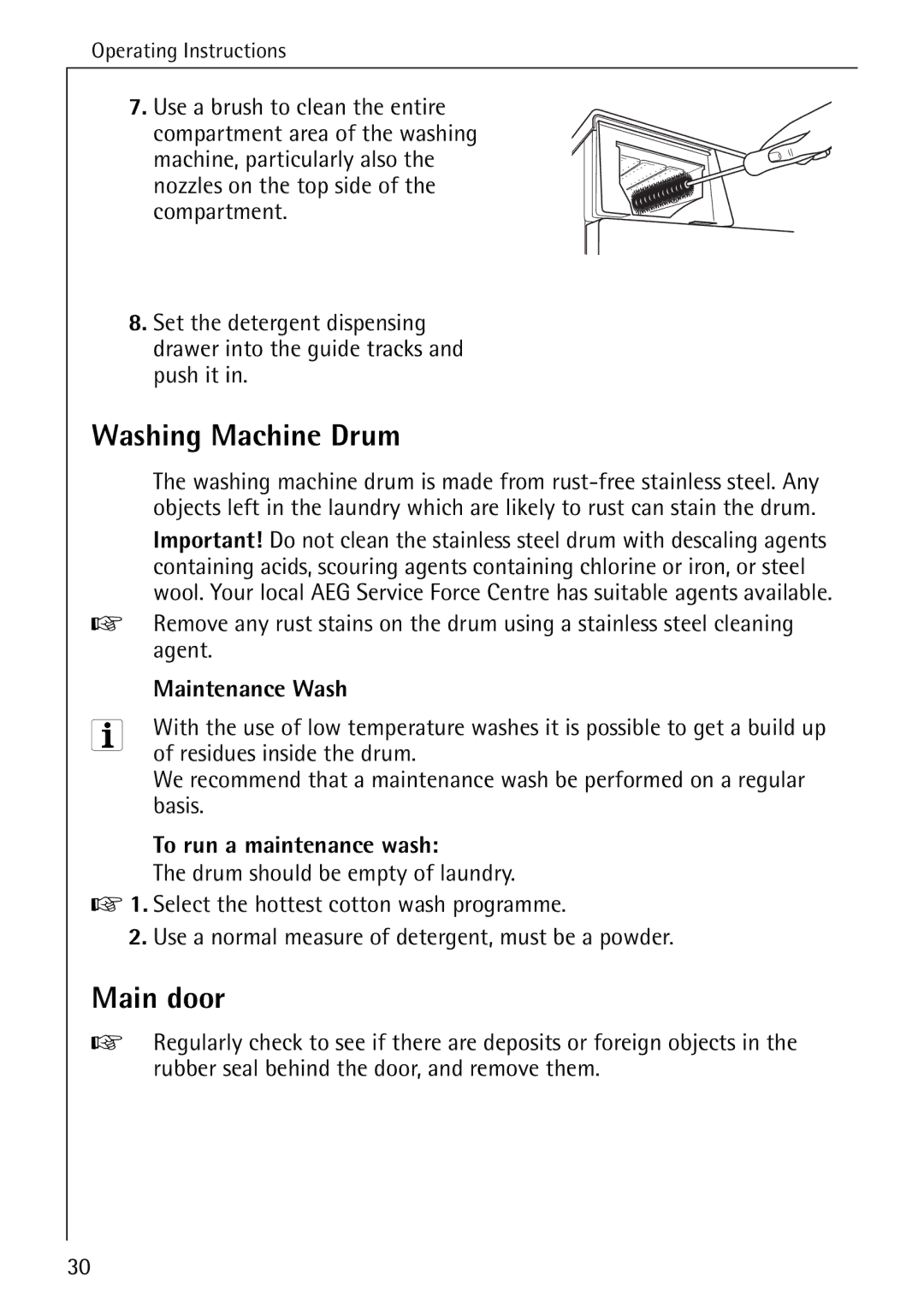 AEG 84749 manual Washing Machine Drum, Main door, Maintenance Wash, To run a maintenance wash 