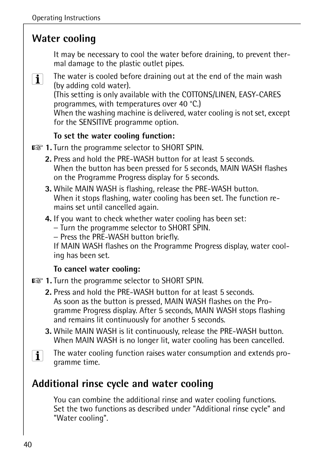 AEG 84749 manual Water cooling, Additional rinse cycle and water cooling, To set the water cooling function 