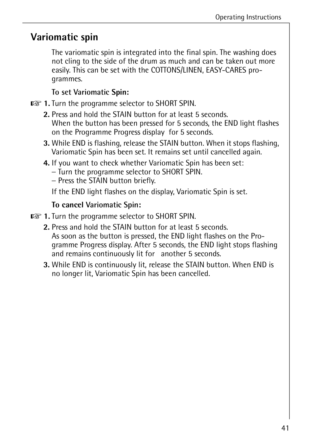 AEG 84749 manual Variomatic spin, To set Variomatic Spin, To cancel Variomatic Spin 