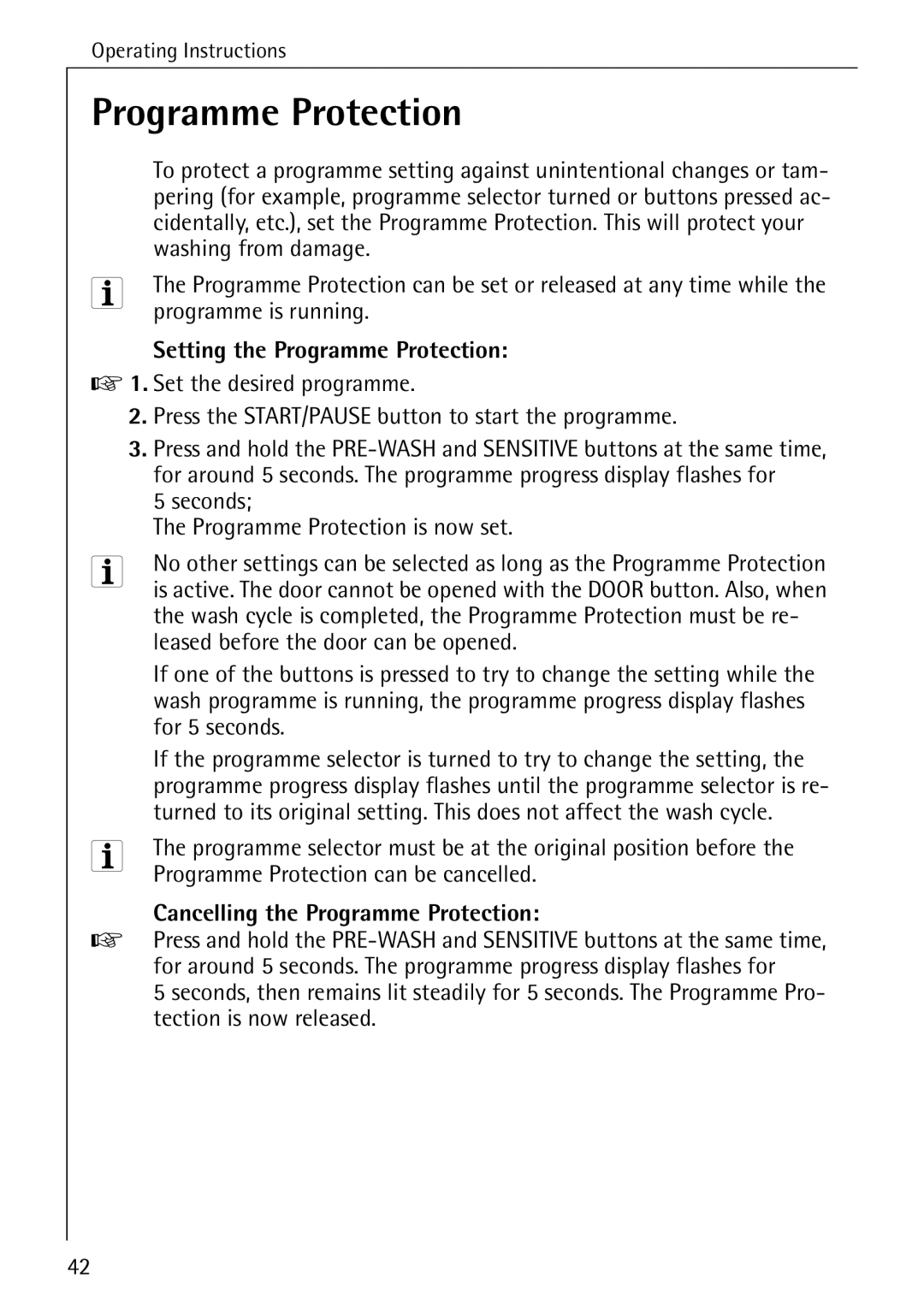 AEG 84749 manual Setting the Programme Protection, Cancelling the Programme Protection 