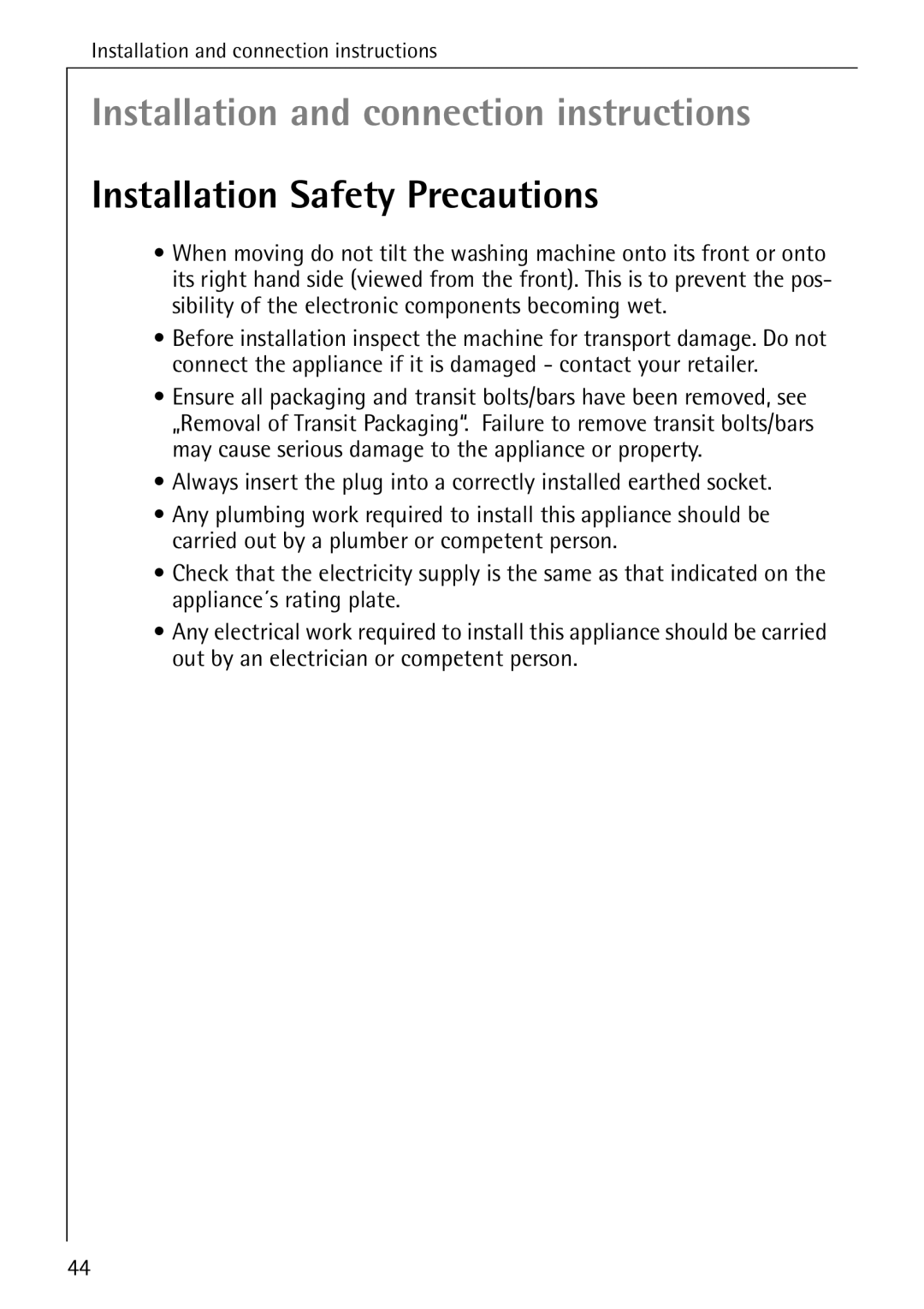 AEG 84749 manual Installation and connection instructions, Installation Safety Precautions 