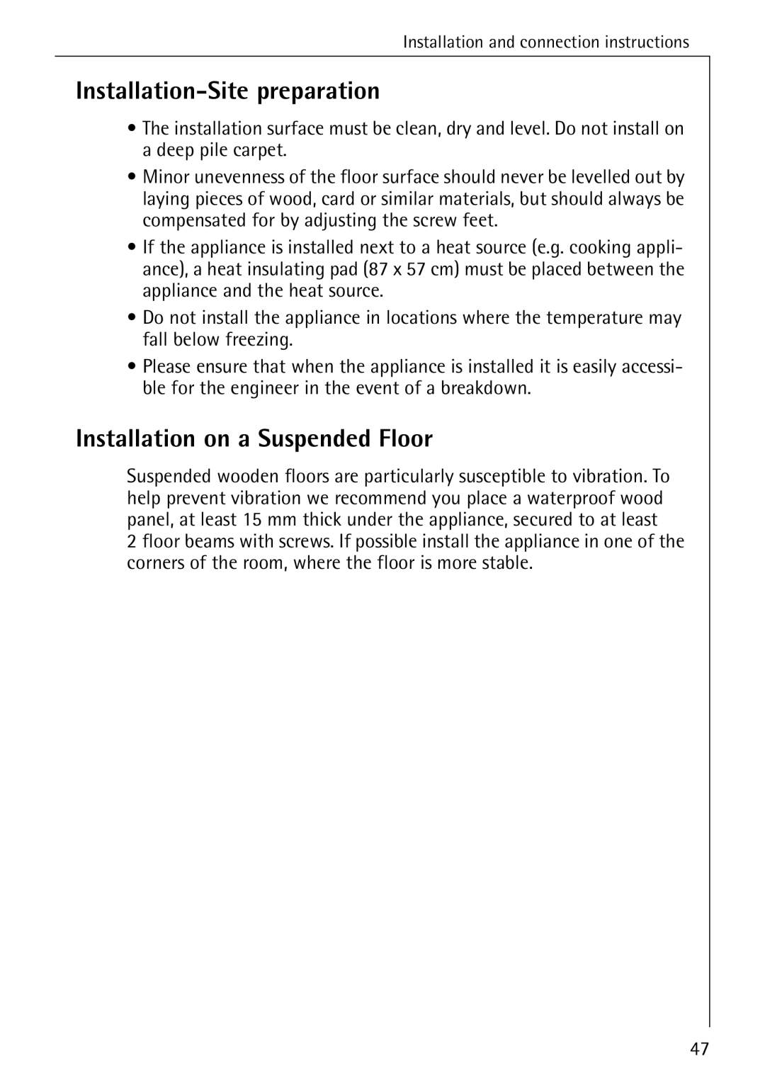 AEG 84749 manual Installation-Site preparation, Installation on a Suspended Floor 