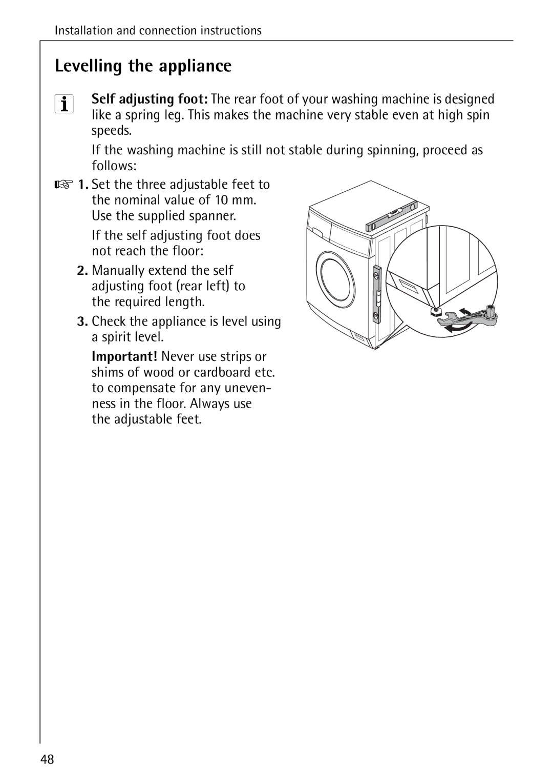 AEG 84749 manual Levelling the appliance 