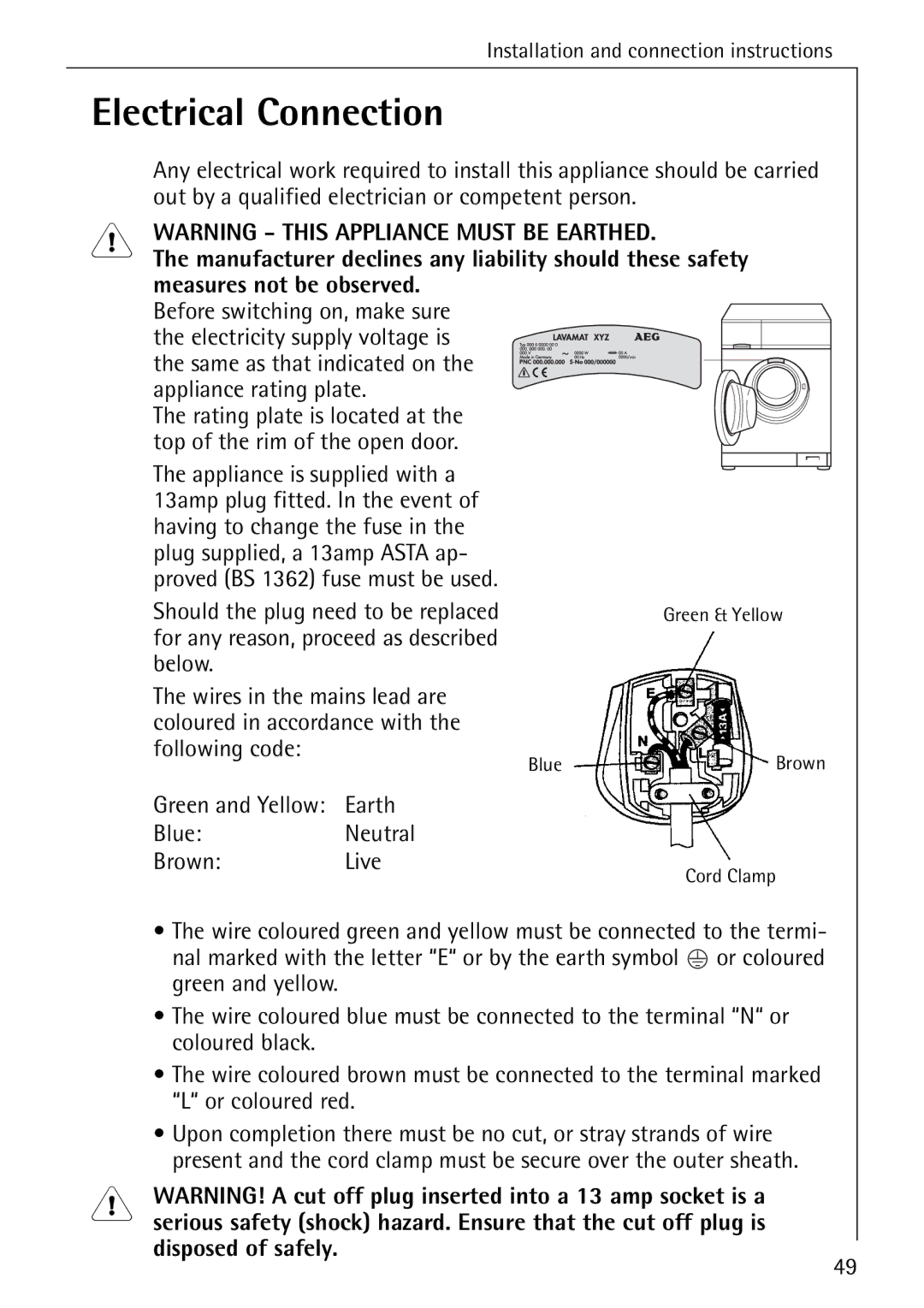 AEG 84749 manual Electrical Connection, Measures not be observed, Earth Blue Neutral Brown Live 