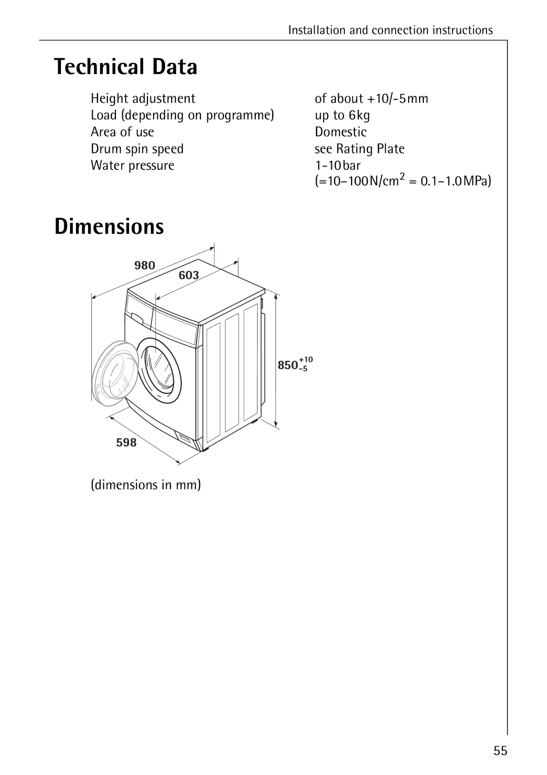 AEG 84749 manual Technical Data, Height adjustment About +10/-5mm, Up to 6kg, Dimensions in mm 