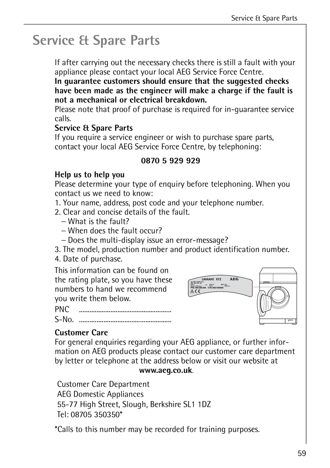 AEG 84749 manual Service & Spare Parts, 0870 5 929 Help us to help you, Pnc, Customer Care 