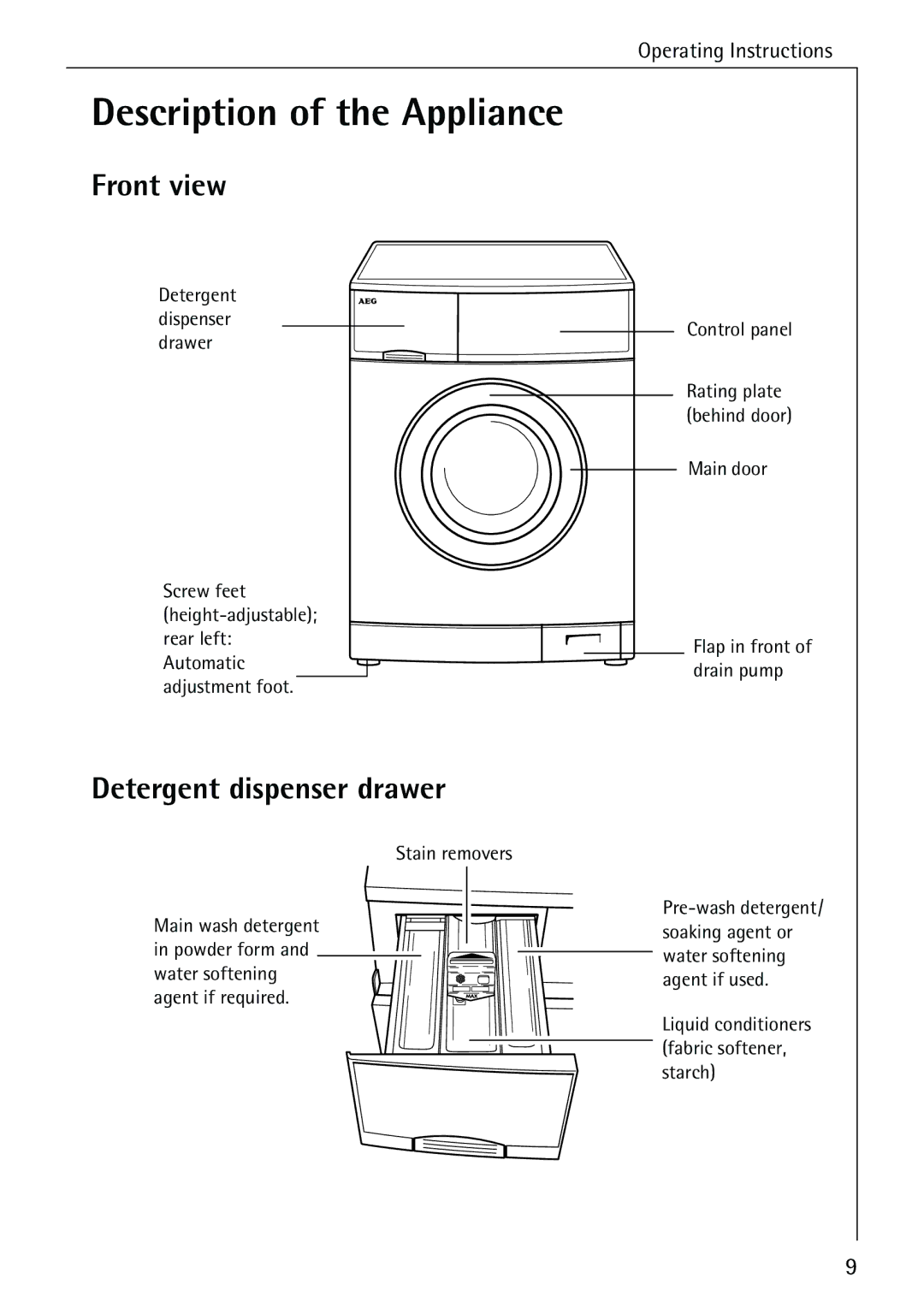 AEG 84749 manual Description of the Appliance, Front view, Detergent dispenser drawer 