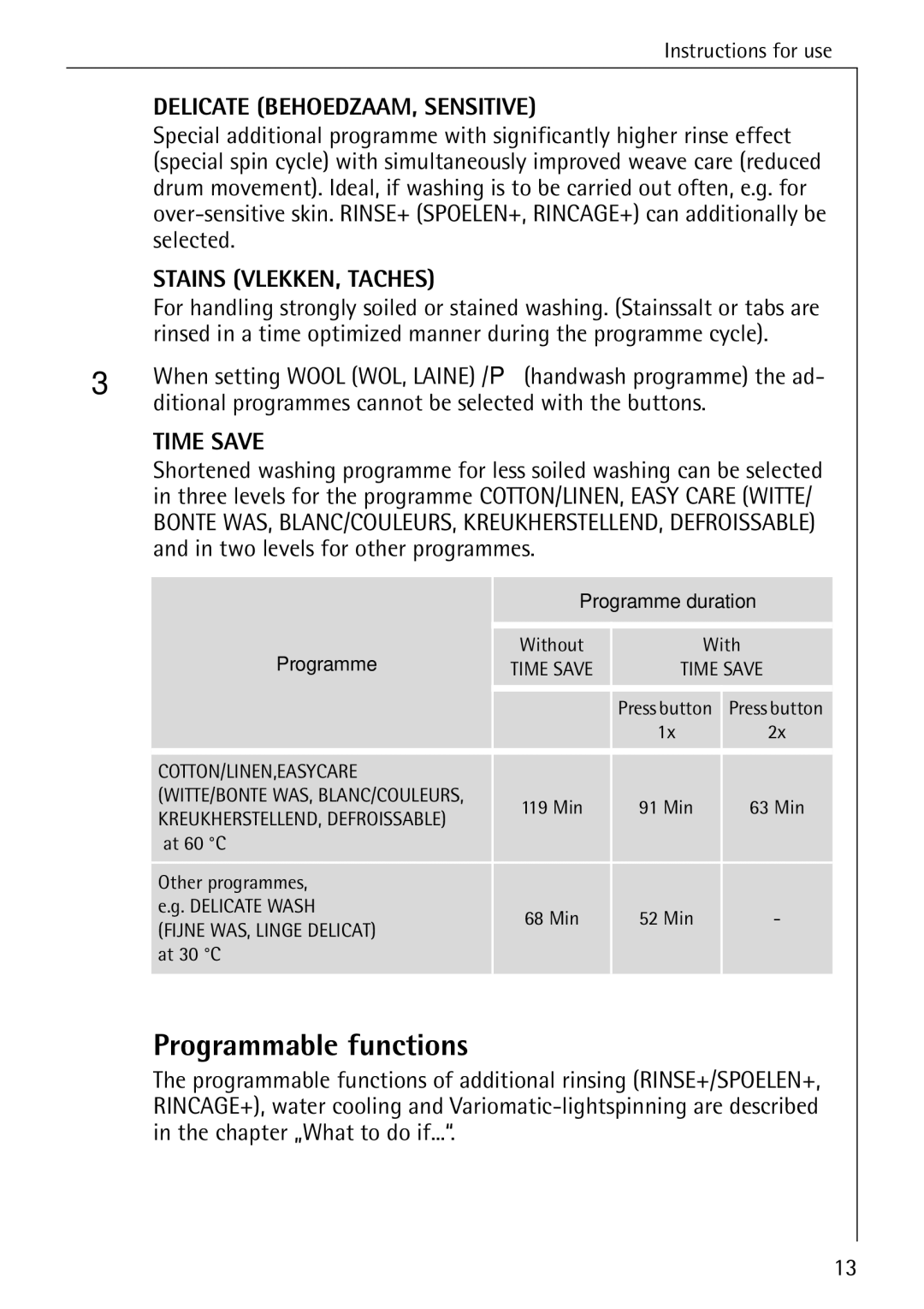 AEG 84760 manual Programmable functions, Two levels for other programmes 