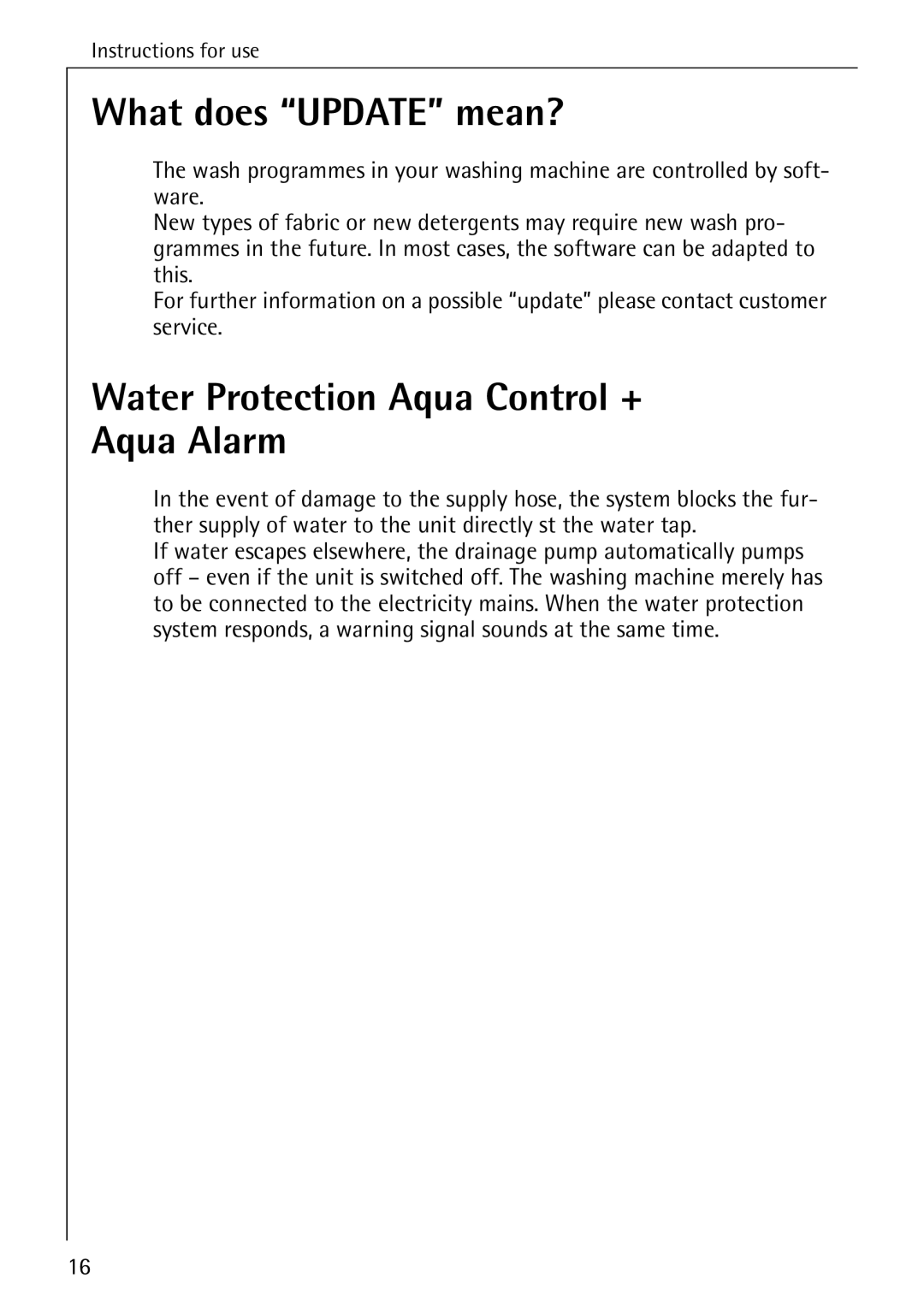 AEG 84760 manual What does Update mean?, Water Protection Aqua Control + Aqua Alarm 