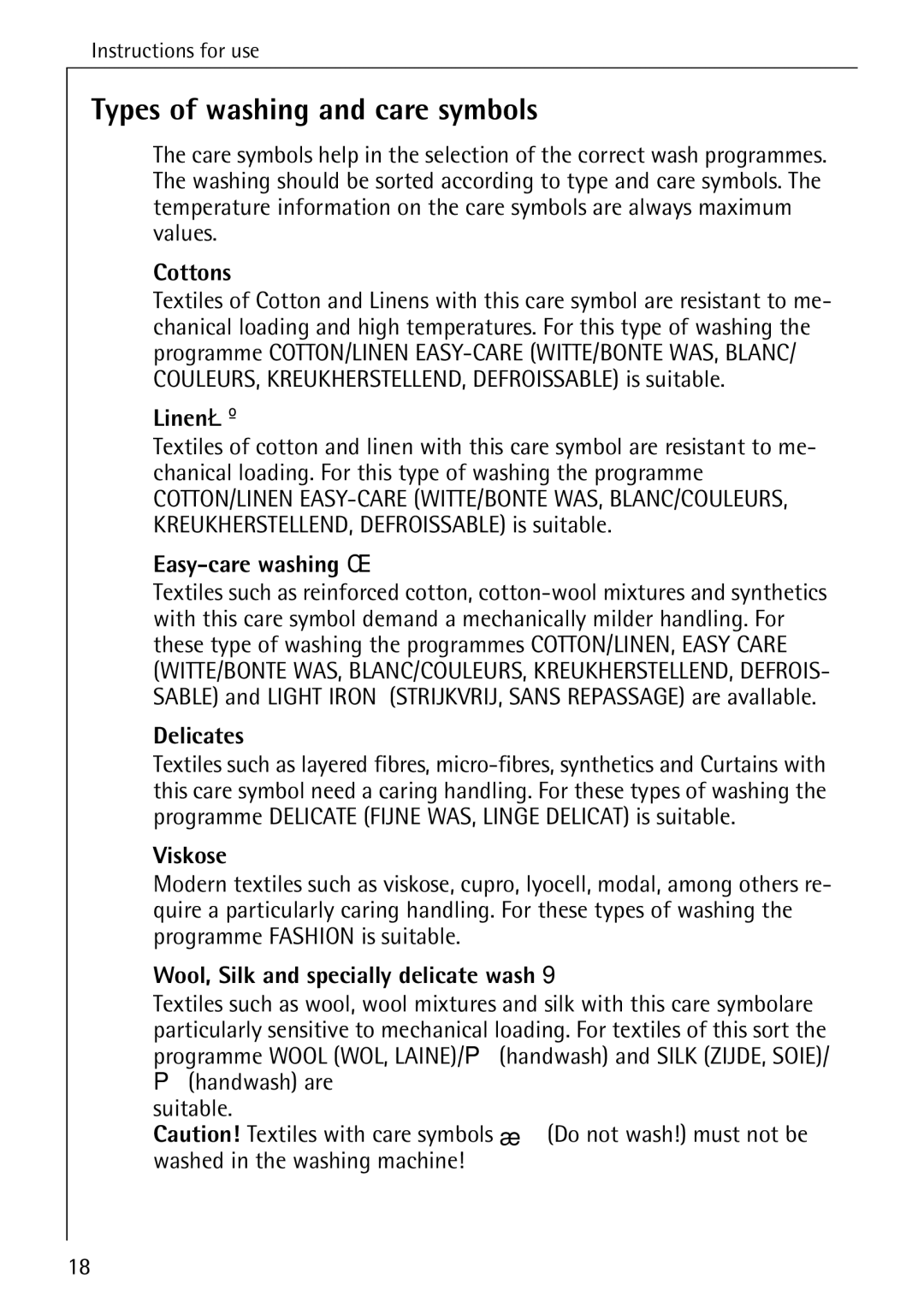 AEG 84760 manual Types of washing and care symbols 